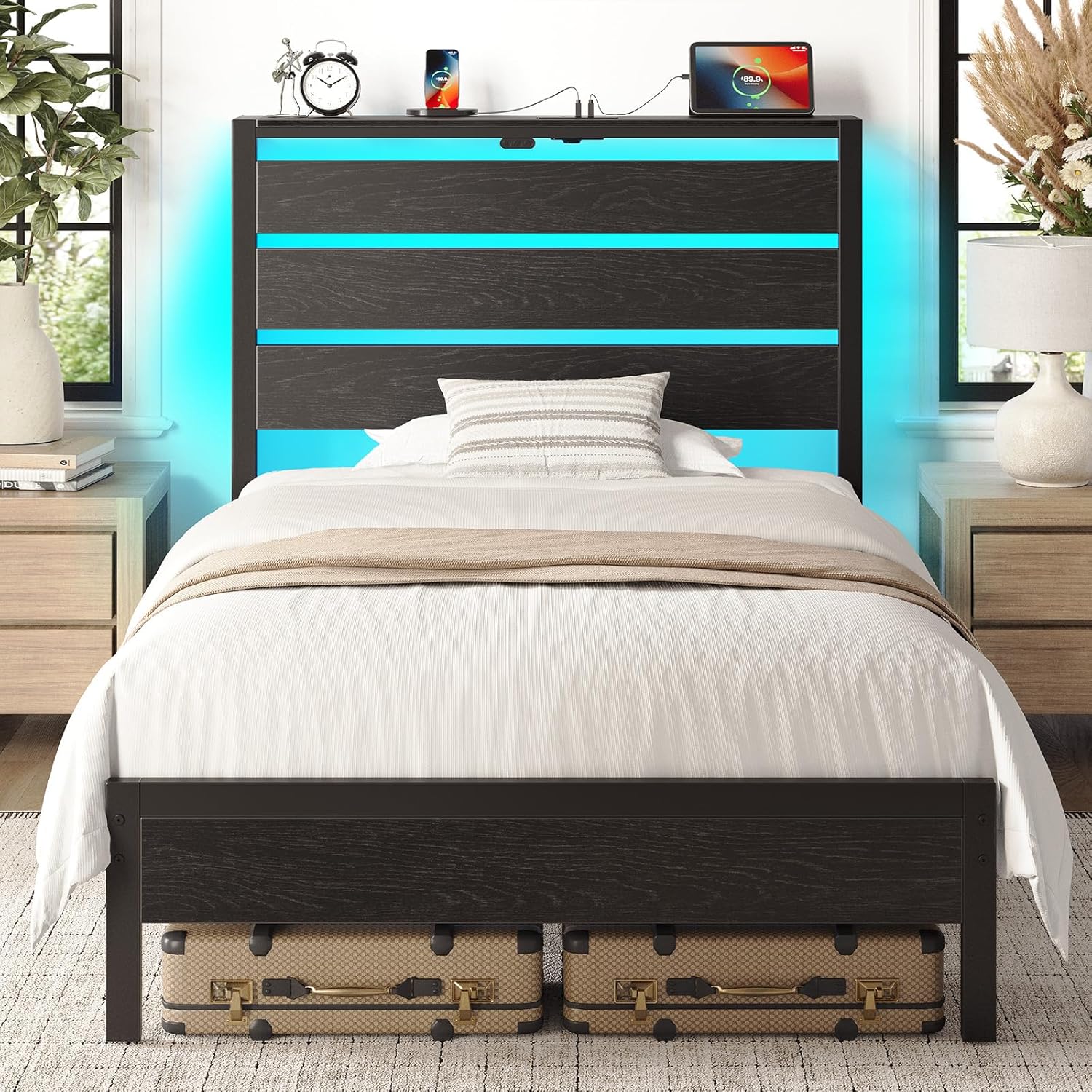 Rolanstar Bed Frame Twin Size with USB Charging Station, LED Bed Frame with Wood Storage Headboard, Black Metal Platform Bed with Under Bed Storage, No Box Spring Needed, Noise Free