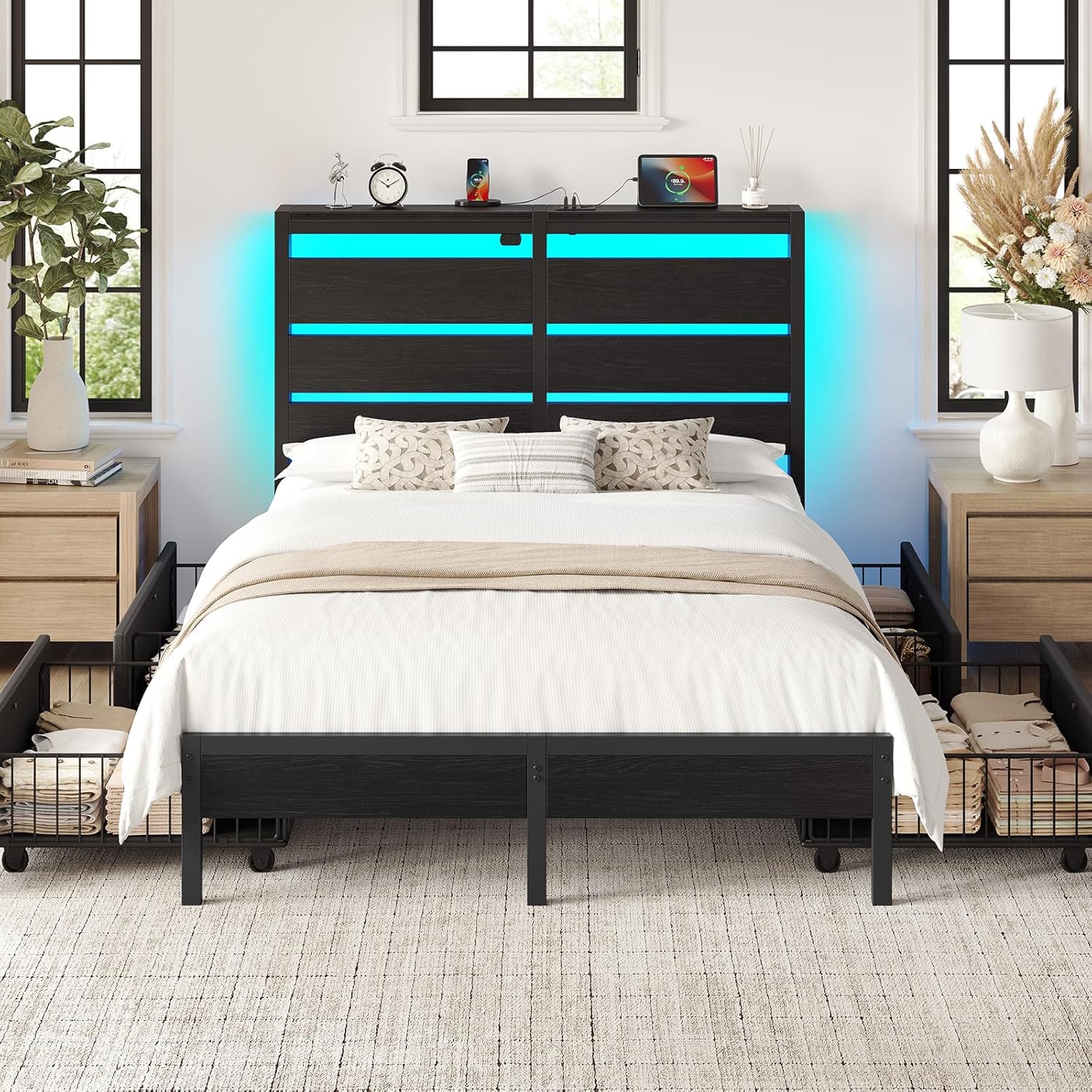Rolanstar Bed Frame Twin Size with USB Charging Station, LED Bed Frame with Wood Storage Headboard, Black Metal Platform Bed with Under Bed Storage, No Box Spring Needed, Noise Free