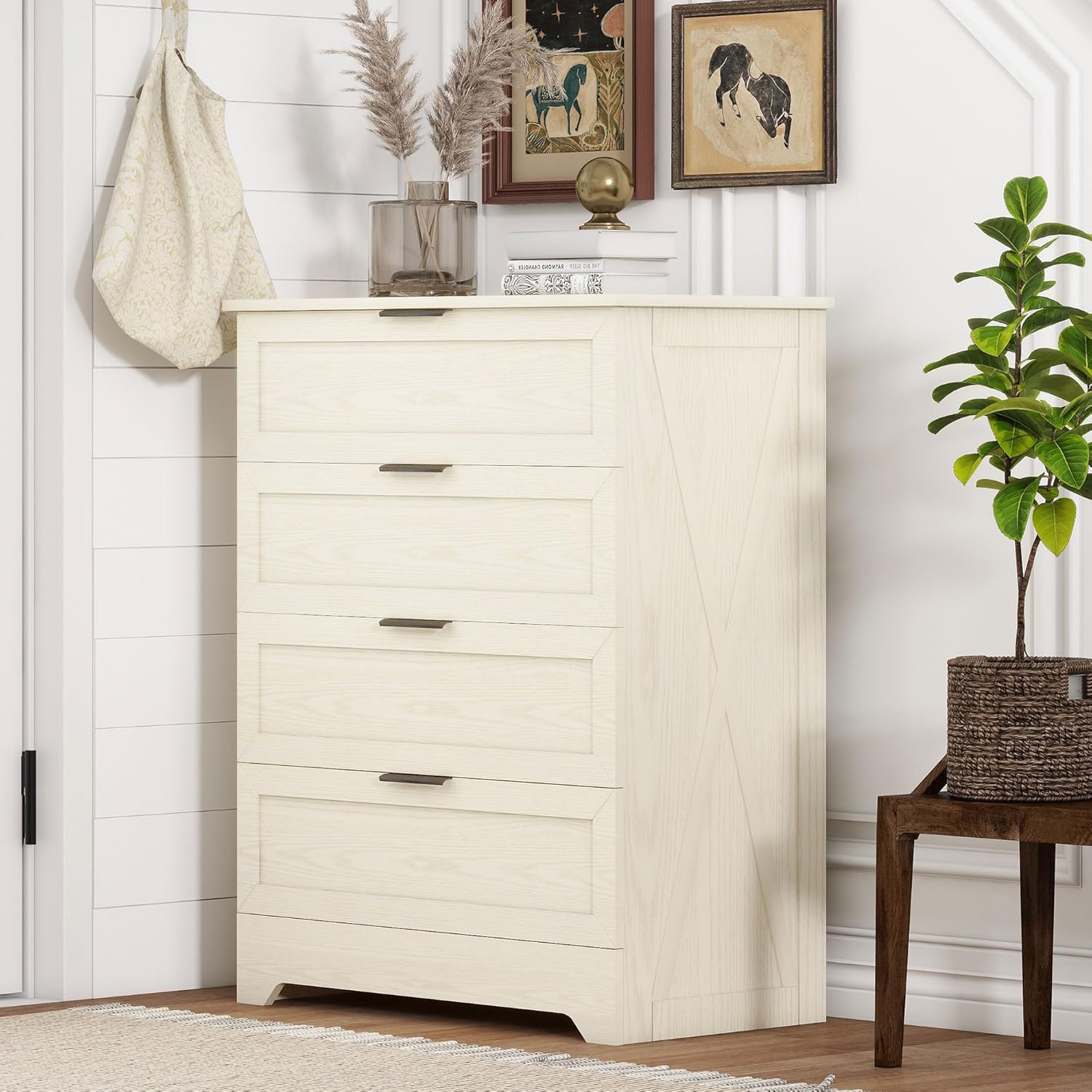 White 4 Drawer Dresser for Bedroom, Tall Bedroom Dresser with Large Drawer & Golden Handles, Wooden Storage Organizer Cabinet Chest of Drawer for Closet, Living Room, Hallway, Children's Room