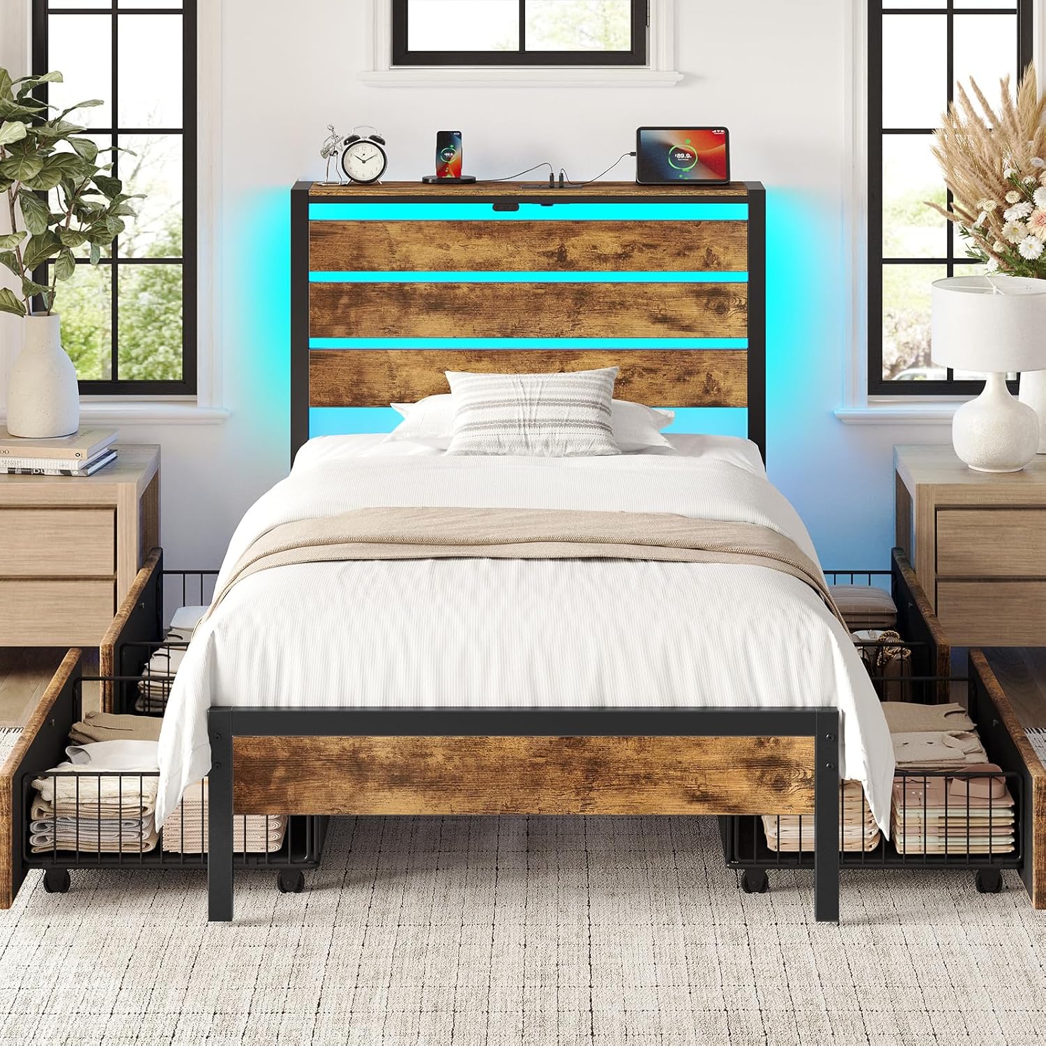 Rolanstar Bed Frame Twin Size with USB Charging Station, LED Bed Frame with Wood Storage Headboard, Black Metal Platform Bed with Under Bed Storage, No Box Spring Needed, Noise Free