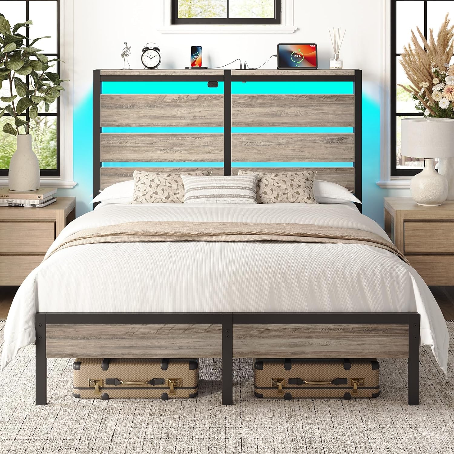 Rolanstar Bed Frame Twin Size with USB Charging Station, LED Bed Frame with Wood Storage Headboard, Black Metal Platform Bed with Under Bed Storage, No Box Spring Needed, Noise Free