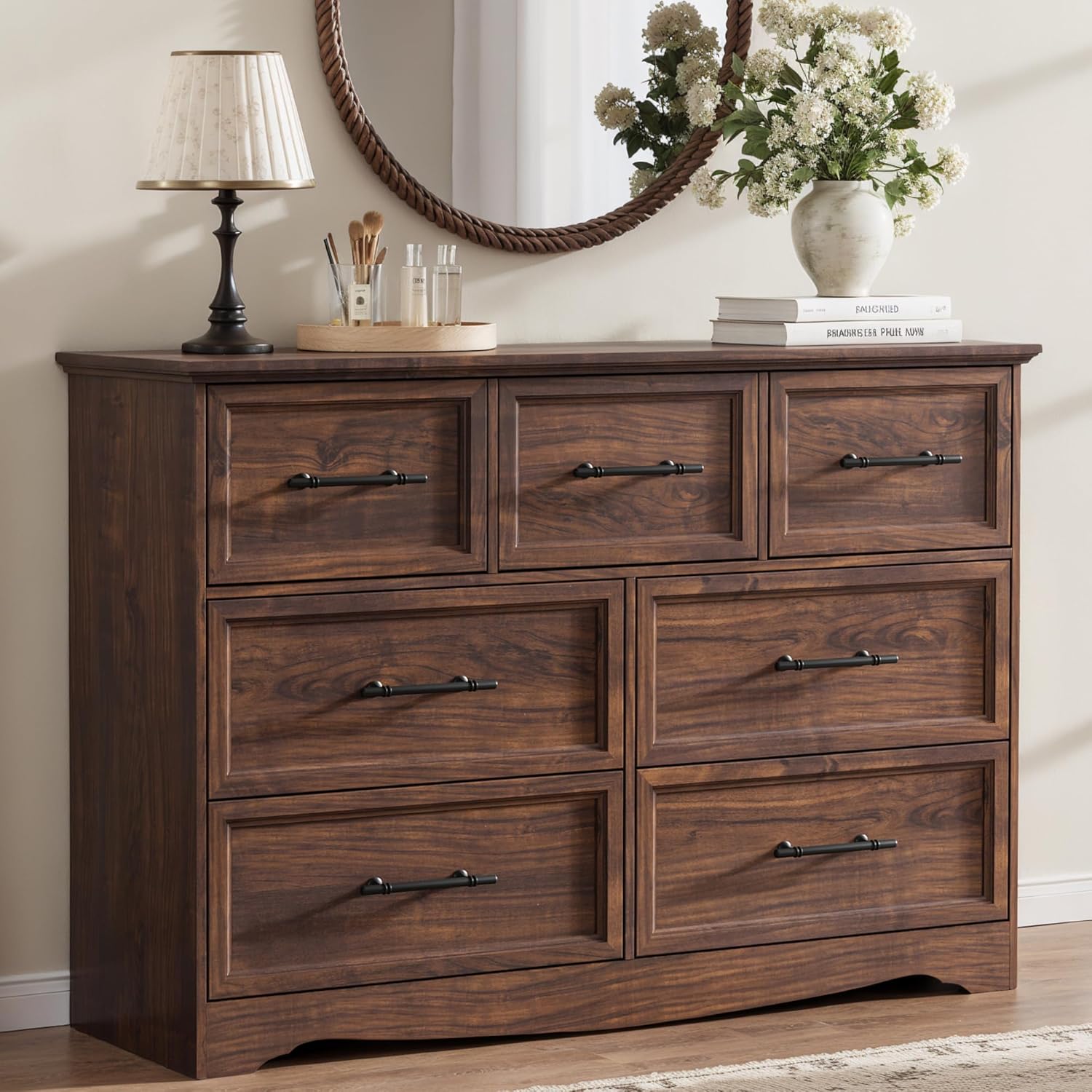 Black Dresser for Bedroom, Modern 6 Chest of Drawers, 44" Tall Chest of Drawers w/Brushed Metal Handle, Wood Closet Organizers and Storage Cabinet for Bedroom, Living Room, Hallway