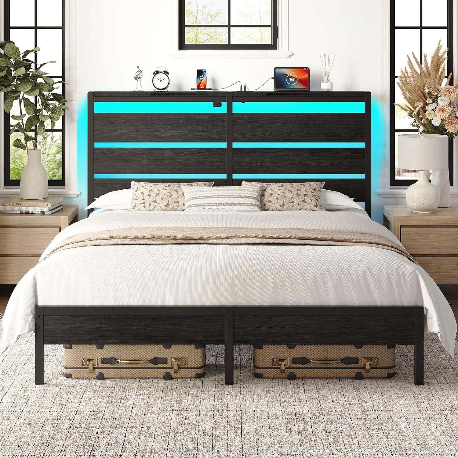 Rolanstar Bed Frame Twin Size with USB Charging Station, LED Bed Frame with Wood Storage Headboard, Black Metal Platform Bed with Under Bed Storage, No Box Spring Needed, Noise Free