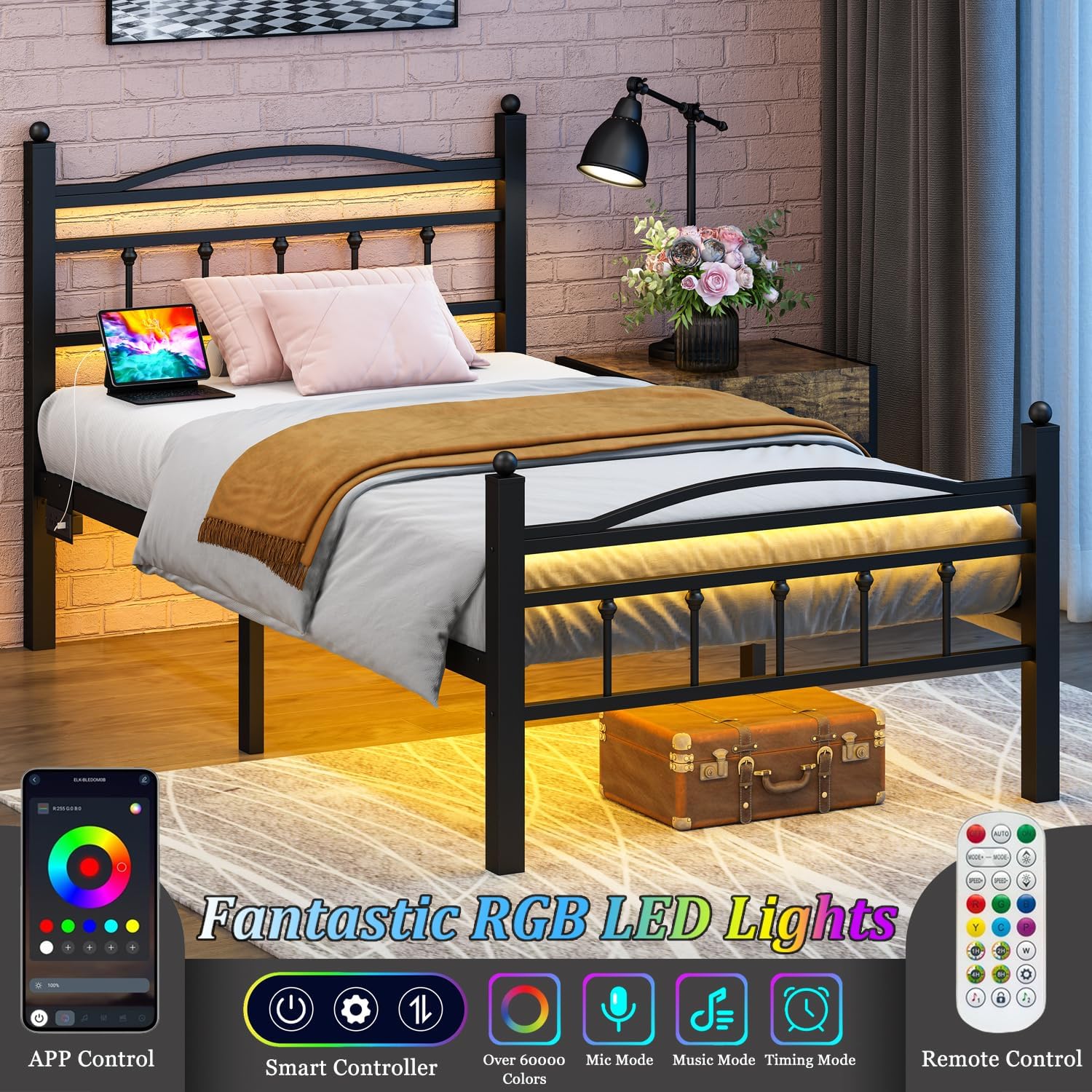 Twin Bed Frames with Headboard, LED Bed Frame with Charging Station, Metal Platform, Under-Bed Storage, No Box Spring Needed, Noise Free, Easy Assembly, Black