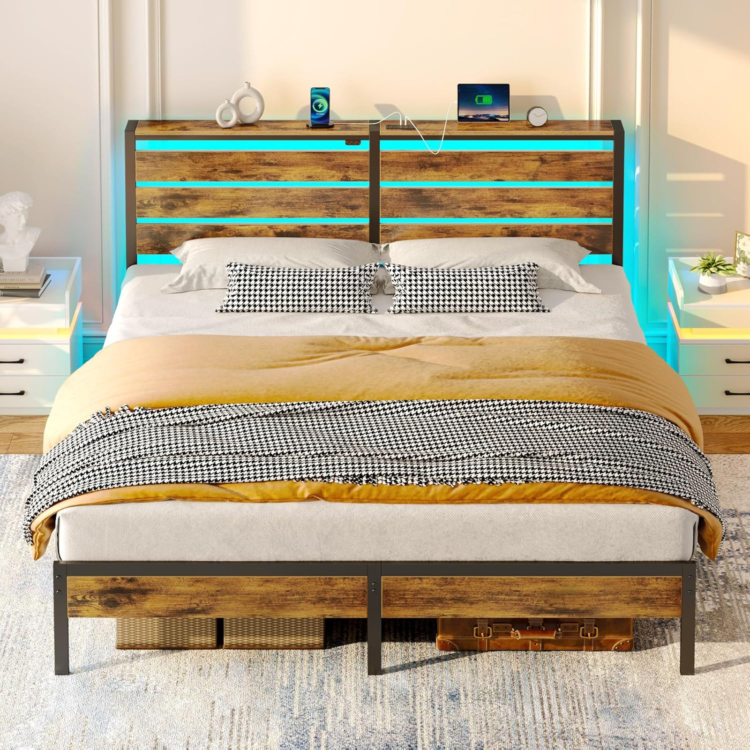 Rolanstar Bed Frame Twin Size with USB Charging Station, LED Bed Frame with Wood Storage Headboard, Black Metal Platform Bed with Under Bed Storage, No Box Spring Needed, Noise Free