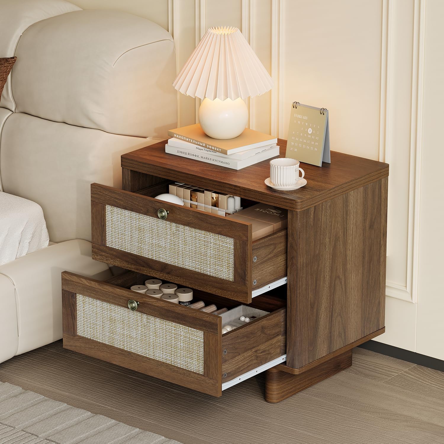 LAZZO Nightstands Set of 2 Large Night Stands 23.6" Wide Bedside Table Set of 2 with 2 Rattan Drawers and Bronze Ring Handles for Bedroom Walnut