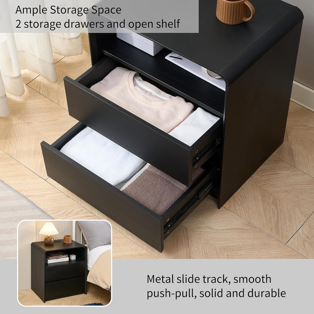 Modern Nightstand for Bedroom,Black Nightstand,2 Storage Drawers Side Table,21.6" Wide Wood Bedside Table with Charging Station,Curved Profile Design,Side Tables Bedroom.