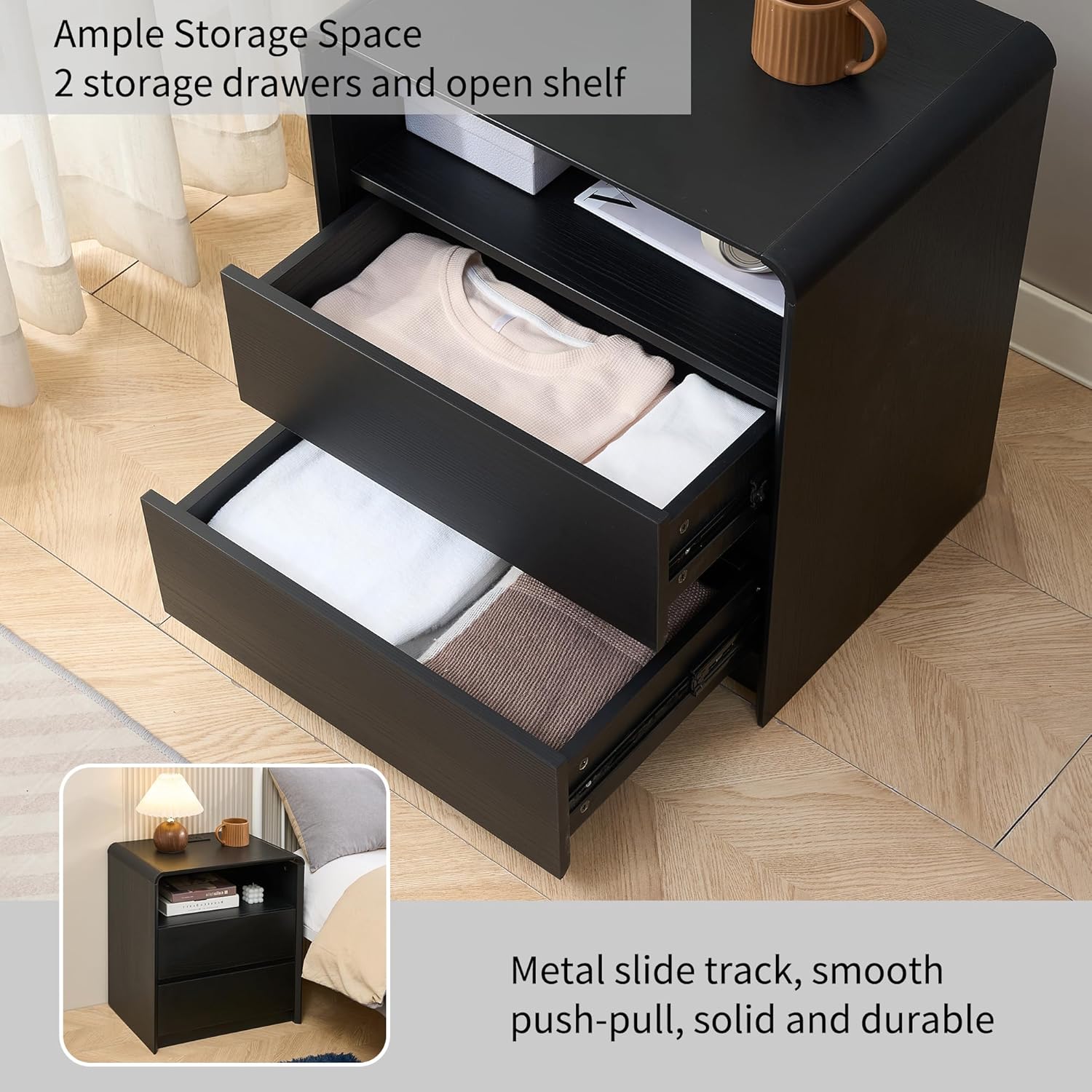 Modern Nightstand for Bedroom,Black Nightstand,2 Storage Drawers Side Table,21.6" Wide Wood Bedside Table with Charging Station,Curved Profile Design,Side Tables Bedroom.