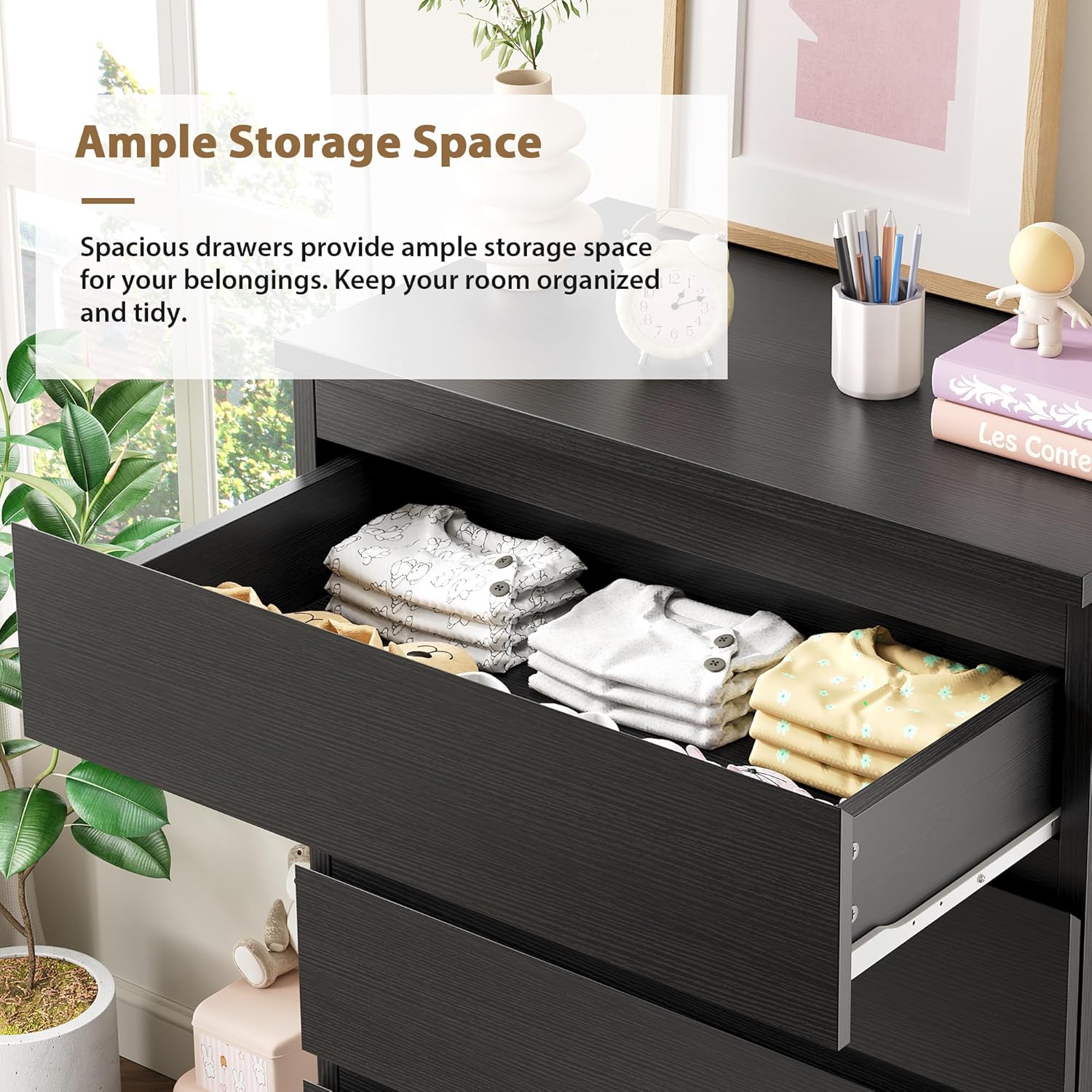 Black 5 Drawer Dresser for Bedroom, 15" D x 23.7" W x 40.4" H in Simply Chest of Drawers, Wood Storage Dresser with Drawers for Living Room Hallway Entryway, Black