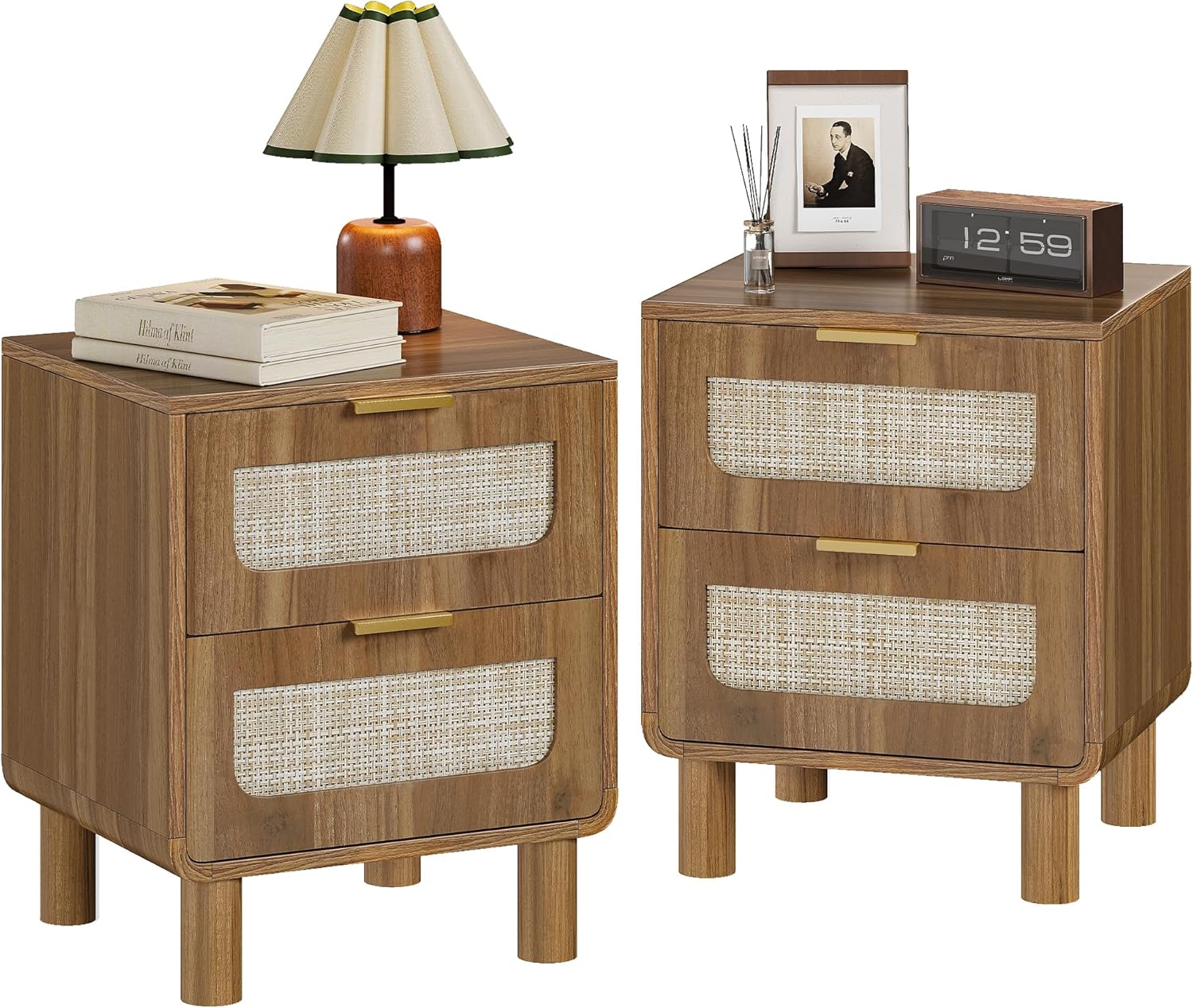 LAZZO Nightstands Set of 2 Large Night Stands 23.6" Wide Bedside Table Set of 2 with 2 Rattan Drawers and Bronze Ring Handles for Bedroom Walnut