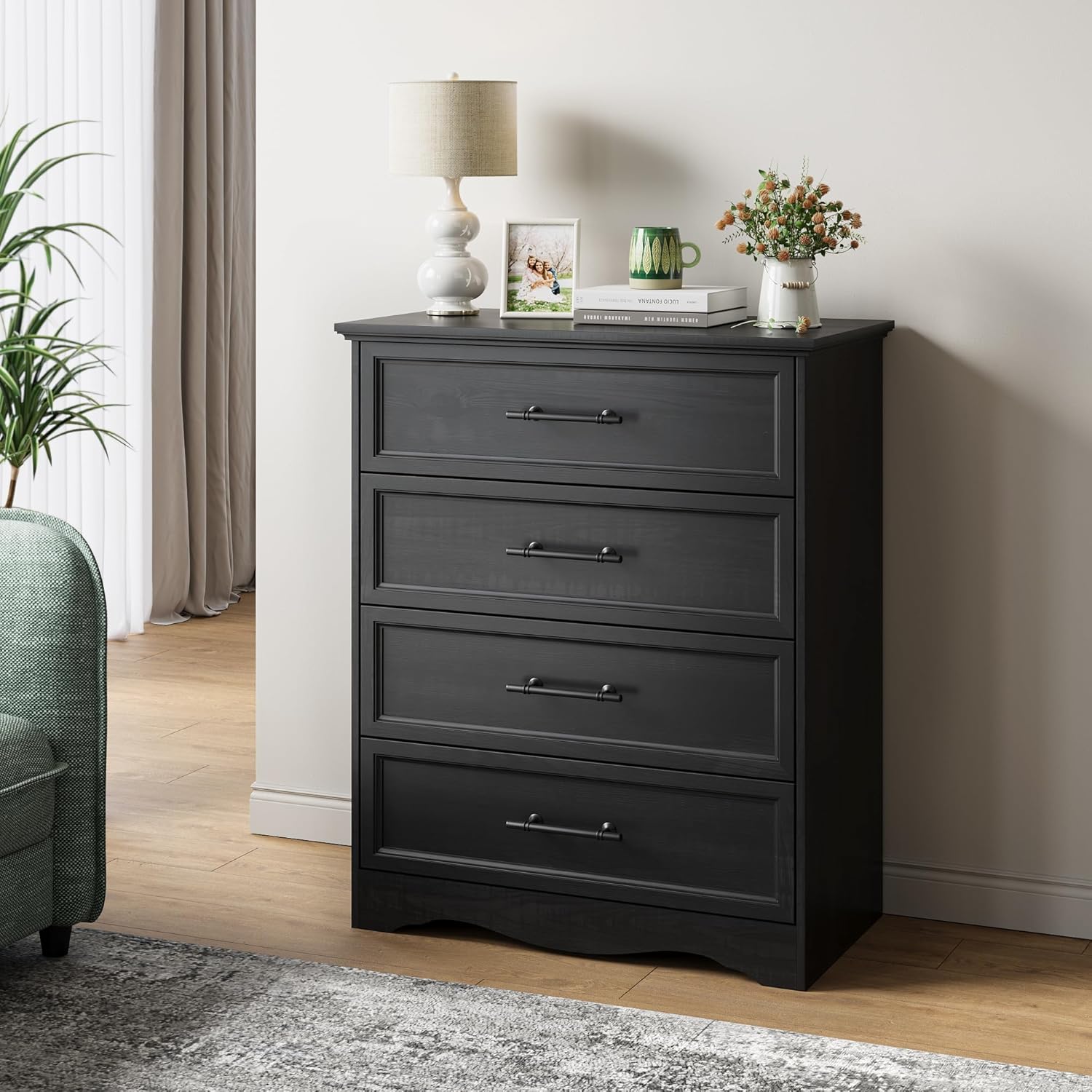 Black Dresser for Bedroom, Modern 6 Chest of Drawers, 44" Tall Chest of Drawers w/Brushed Metal Handle, Wood Closet Organizers and Storage Cabinet for Bedroom, Living Room, Hallway