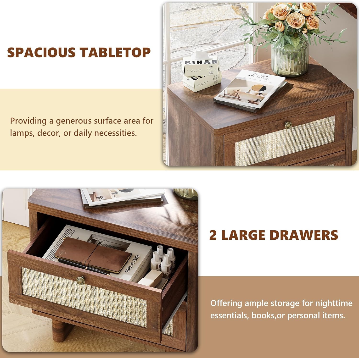 LAZZO Nightstands Set of 2 Large Night Stands 23.6" Wide Bedside Table Set of 2 with 2 Rattan Drawers and Bronze Ring Handles for Bedroom Walnut