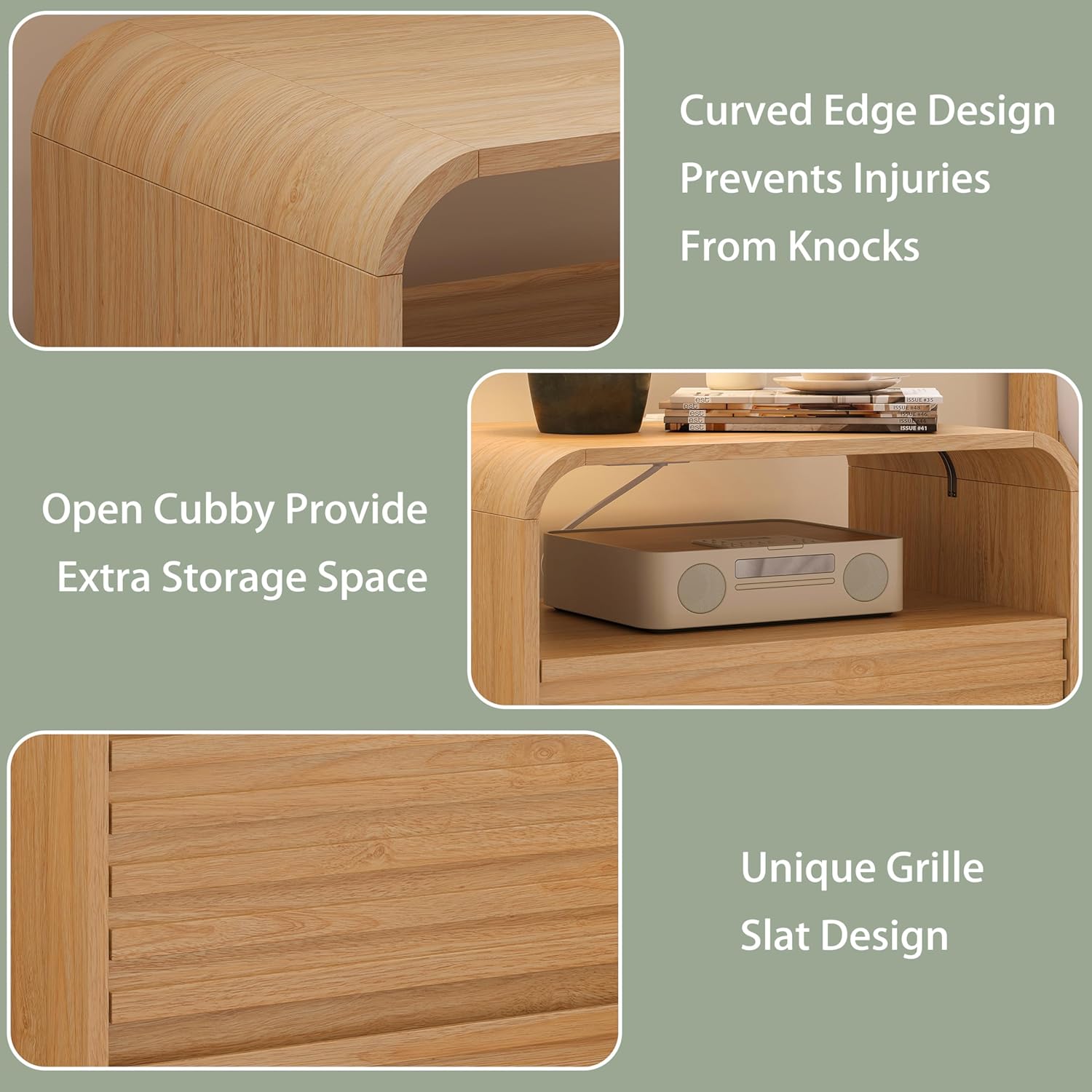 Modern Nightstand with Charging Station, 23.6" Wide Wood Night Stand with 2 Storage Drawers and Curved Edge, Farmhouse Fluted Bedside Table, Bed Side Table, Small End Table for Bedroom, Natural Oak