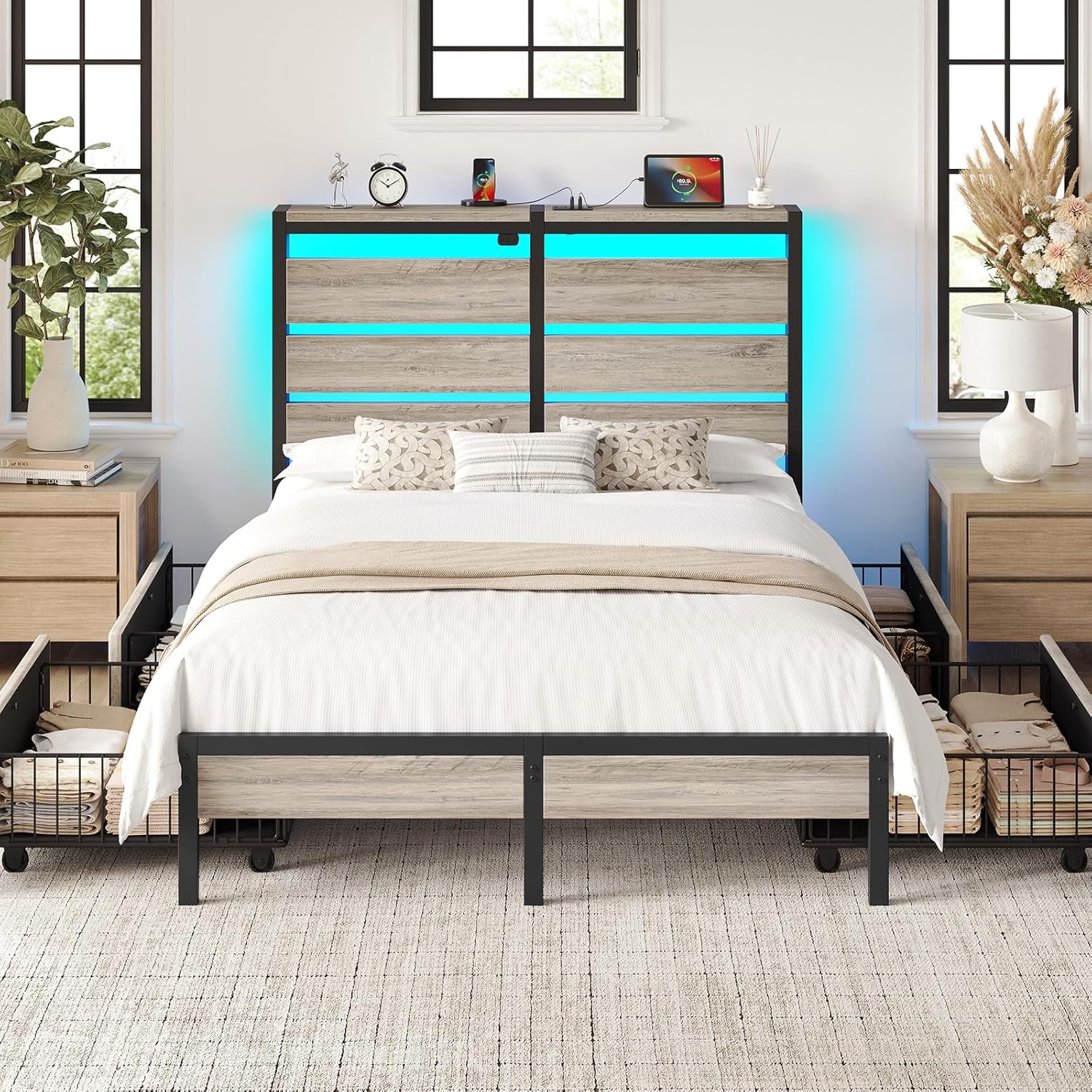 Rolanstar Bed Frame Twin Size with USB Charging Station, LED Bed Frame with Wood Storage Headboard, Black Metal Platform Bed with Under Bed Storage, No Box Spring Needed, Noise Free