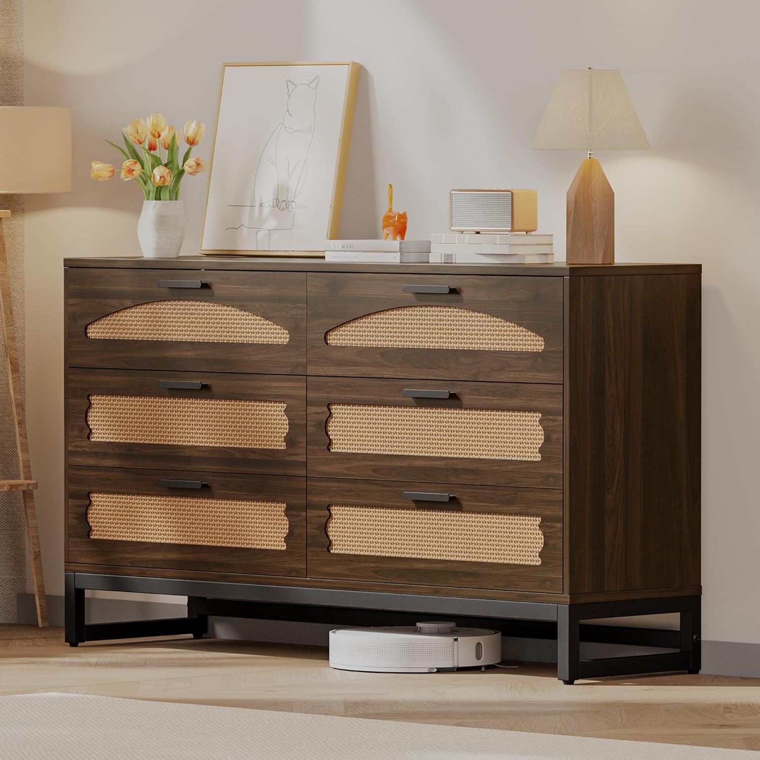 Mericonia 4 Drawer Rattan Dresser for Bedroom, Wood Tall Dresser for Closet with Metal Handles, Boho Nightstand Sets, Dressers & Chests of Drawers for Bedroom, Hallway and Entryway, White