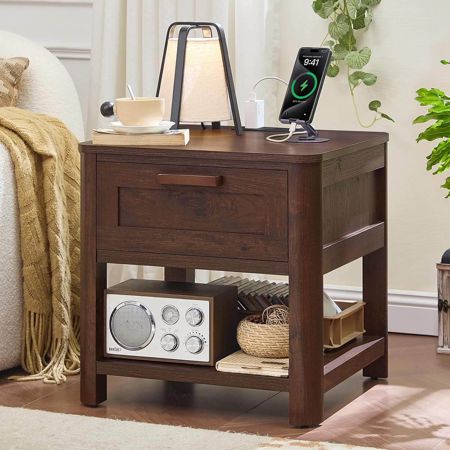 Farmhouse End Table with Charging Station,19.7" Nightstand with Drawer,Walnut Night Stand with Open Storage Shelf,Rustic Wood Bed Sofa Side Table Dresser for Bedroom, Living Room, Closet
