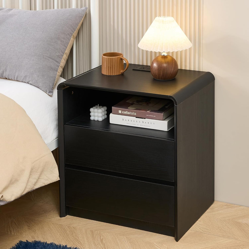 Modern Nightstand for Bedroom,Black Nightstand,2 Storage Drawers Side Table,21.6" Wide Wood Bedside Table with Charging Station,Curved Profile Design,Side Tables Bedroom.