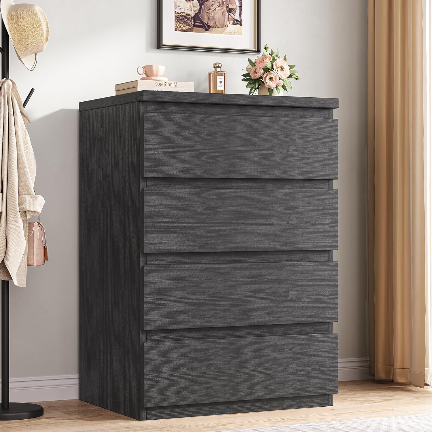 4 Drawer Dresser for Bedroom, Black Dresser Chest of Drawers - Large Wood Dressers TV Stand with Deep Drawers Dressers for Living Room, Hallway, Entryway - Black