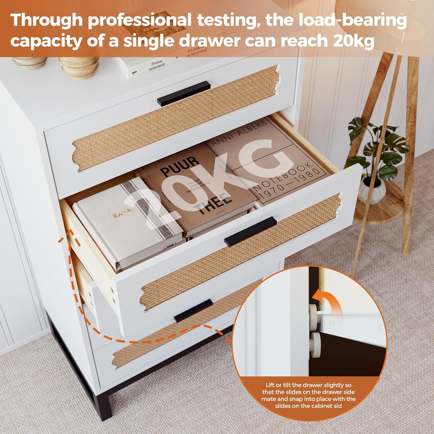 Mericonia 4 Drawer Rattan Dresser for Bedroom, Wood Tall Dresser for Closet with Metal Handles, Boho Nightstand Sets, Dressers & Chests of Drawers for Bedroom, Hallway and Entryway, White