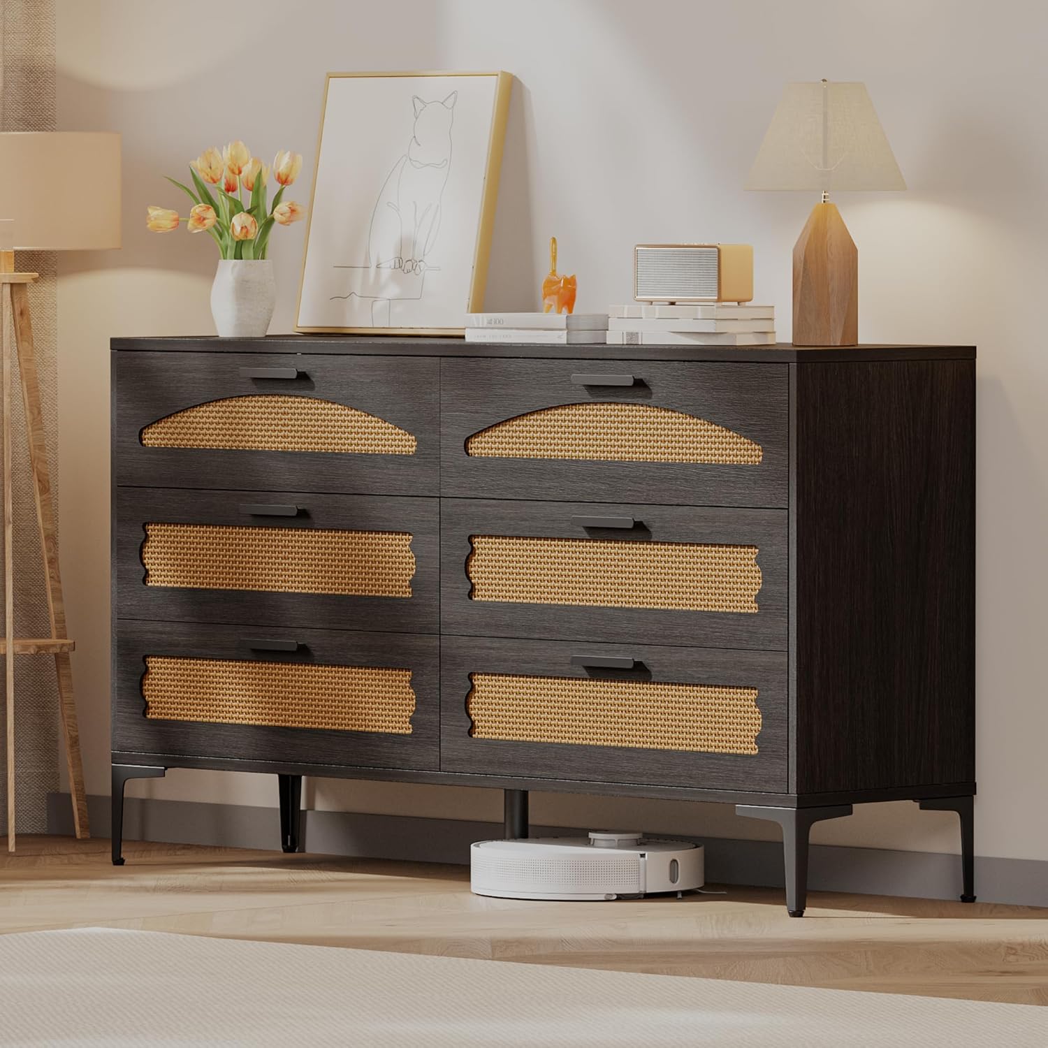 Mericonia 4 Drawer Rattan Dresser for Bedroom, Wood Tall Dresser for Closet with Metal Handles, Boho Nightstand Sets, Dressers & Chests of Drawers for Bedroom, Hallway and Entryway, White