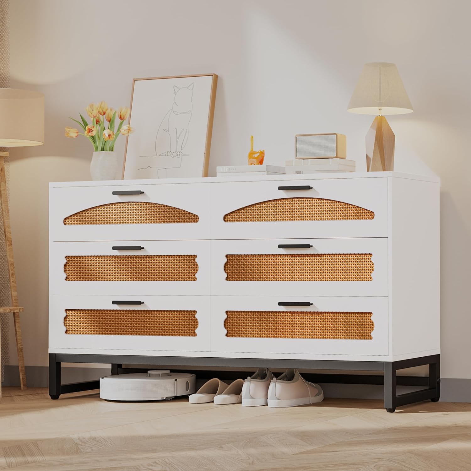 Mericonia 4 Drawer Rattan Dresser for Bedroom, Wood Tall Dresser for Closet with Metal Handles, Boho Nightstand Sets, Dressers & Chests of Drawers for Bedroom, Hallway and Entryway, White