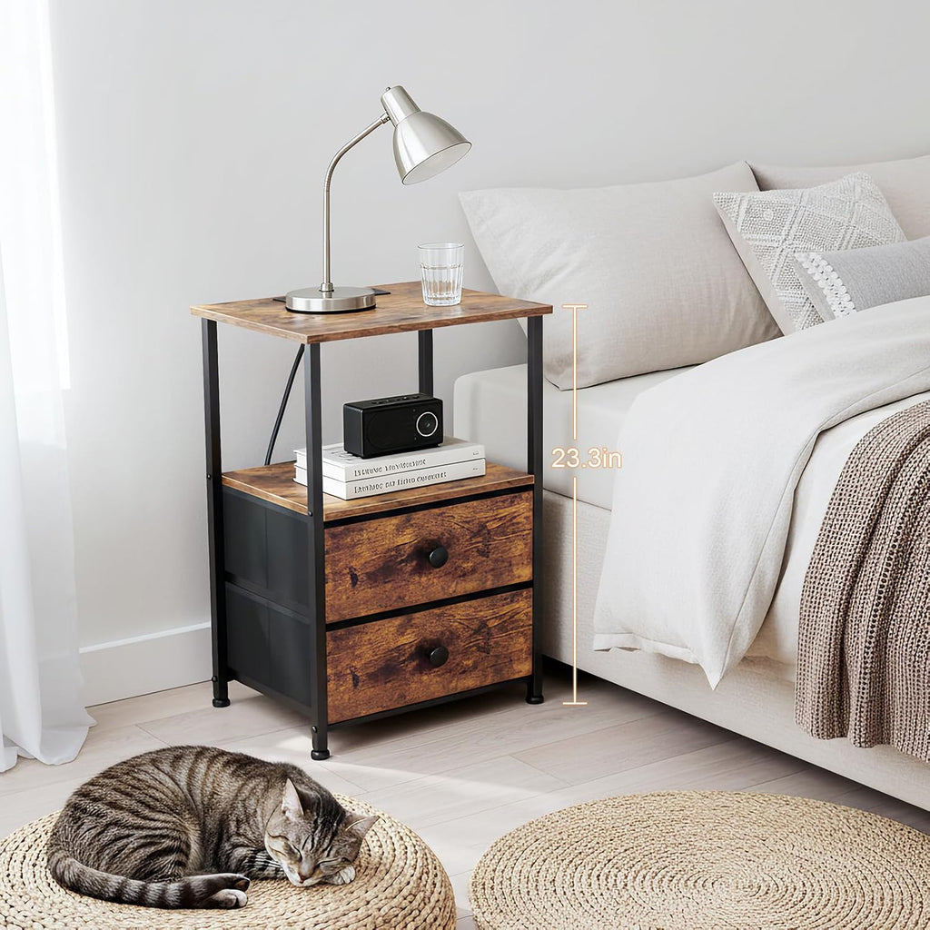 Night Stand Set 2, Nightstand with Charging Station, End Tables with Storage Shelf for Small Spaces, Bedside Table Side Tables with 2 Fabric Drawers for Bedroom, Rustic Brown, HETS020PBR