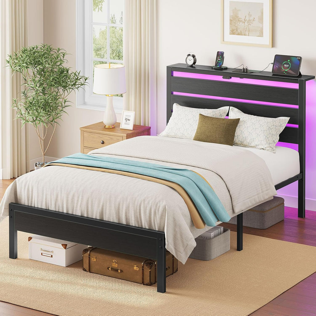Rolanstar Bed Frame Twin Size with USB Charging Station, LED Bed Frame with Wood Storage Headboard, Black Metal Platform Bed with Under Bed Storage, No Box Spring Needed, Noise Free