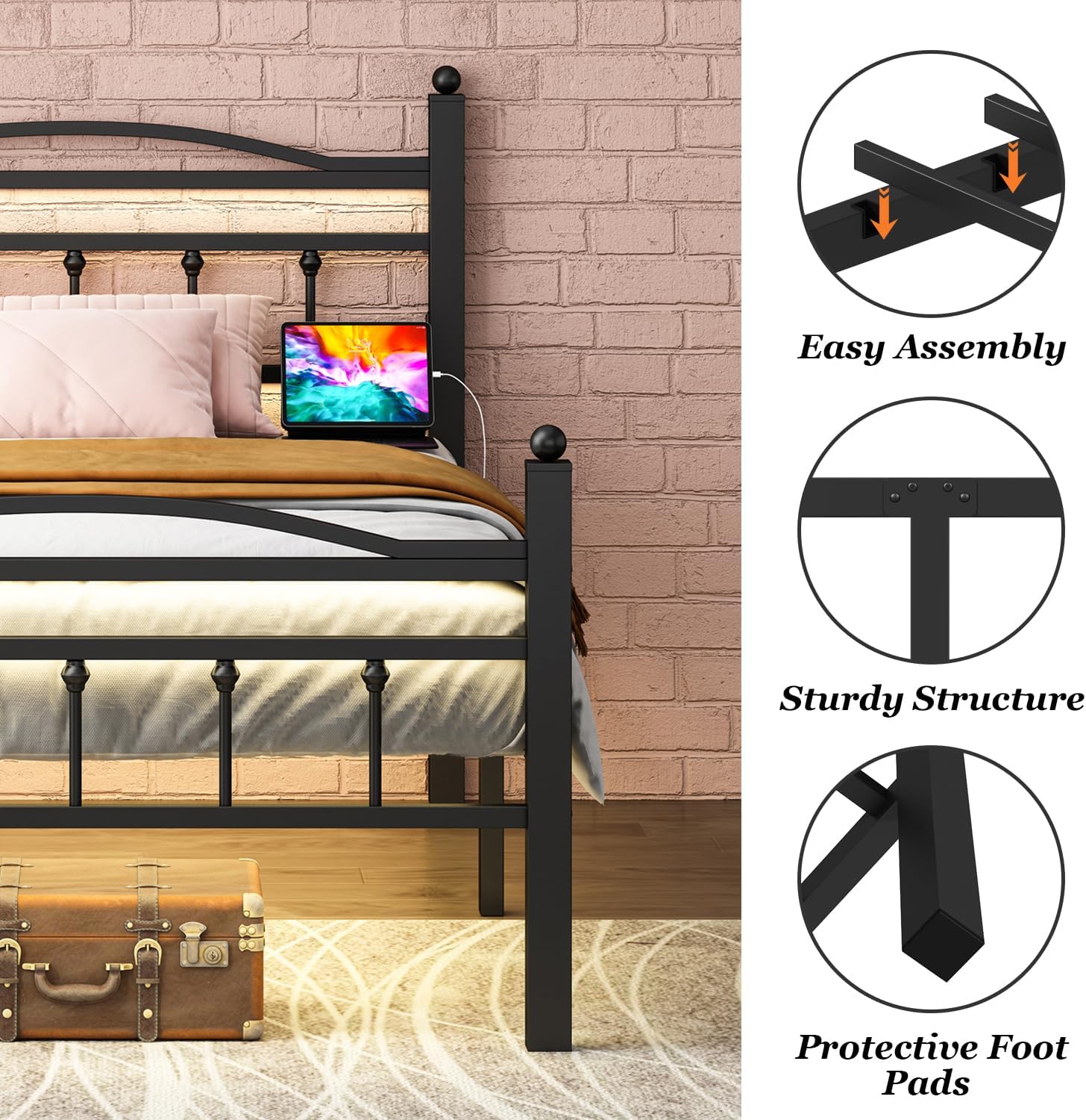 Twin Bed Frames with Headboard, LED Bed Frame with Charging Station, Metal Platform, Under-Bed Storage, No Box Spring Needed, Noise Free, Easy Assembly, Black