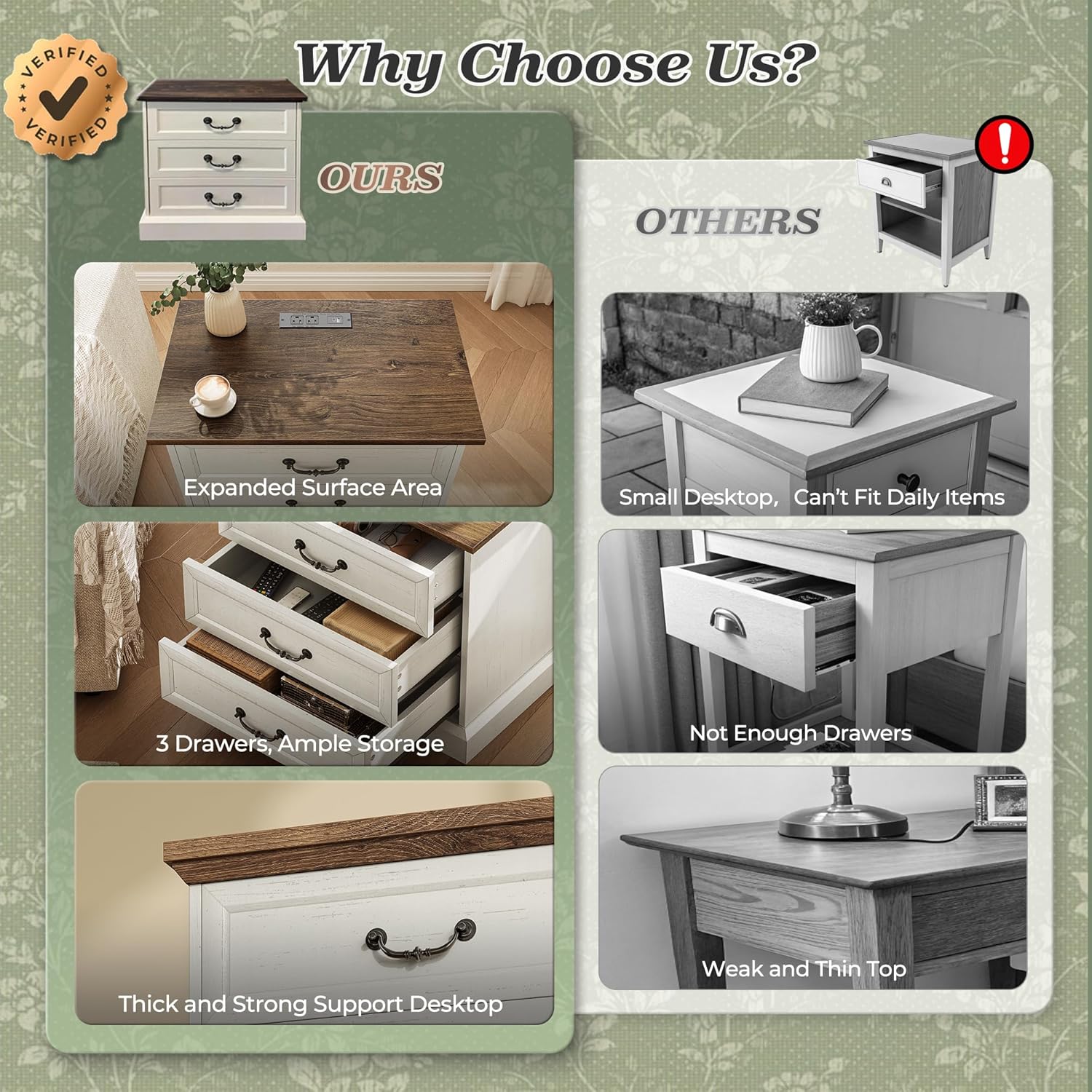 Huuger Nightstand with Charging Station, 3 Drawer Night Stand Set of 2, 22 Inch Wider Side Table with Storage, Farmhouse Nightstand with Vintage Handles, Thicken Base, for Bedroom, Distressed White