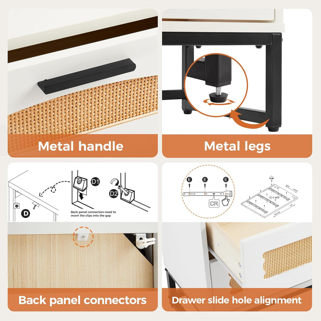 Mericonia 4 Drawer Rattan Dresser for Bedroom, Wood Tall Dresser for Closet with Metal Handles, Boho Nightstand Sets, Dressers & Chests of Drawers for Bedroom, Hallway and Entryway, White