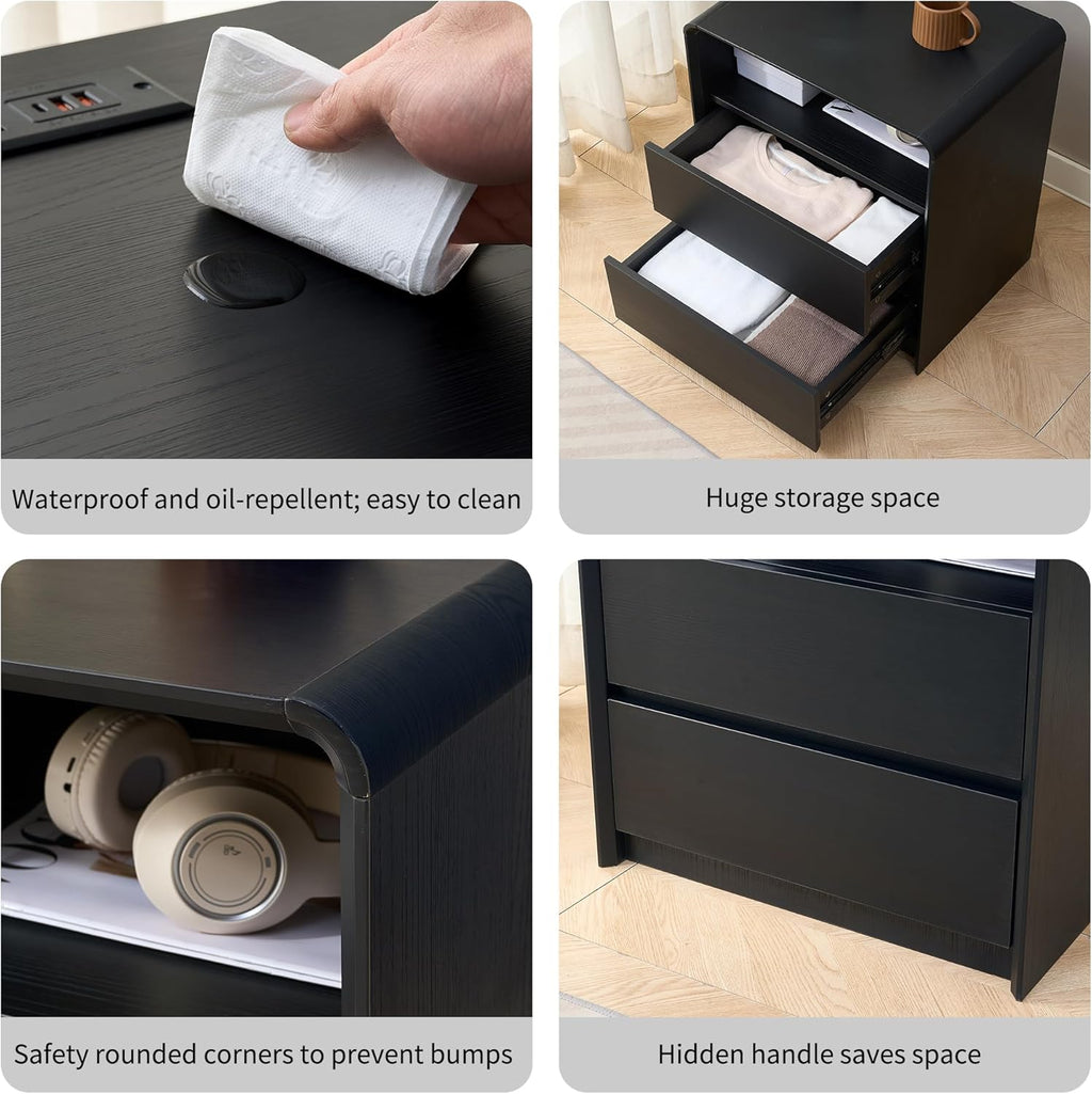 Modern Nightstand for Bedroom,Black Nightstand,2 Storage Drawers Side Table,21.6" Wide Wood Bedside Table with Charging Station,Curved Profile Design,Side Tables Bedroom.