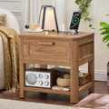 Farmhouse End Table with Charging Station,19.7" Nightstand with Drawer,Walnut Night Stand with Open Storage Shelf,Rustic Wood Bed Sofa Side Table Dresser for Bedroom, Living Room, Closet
