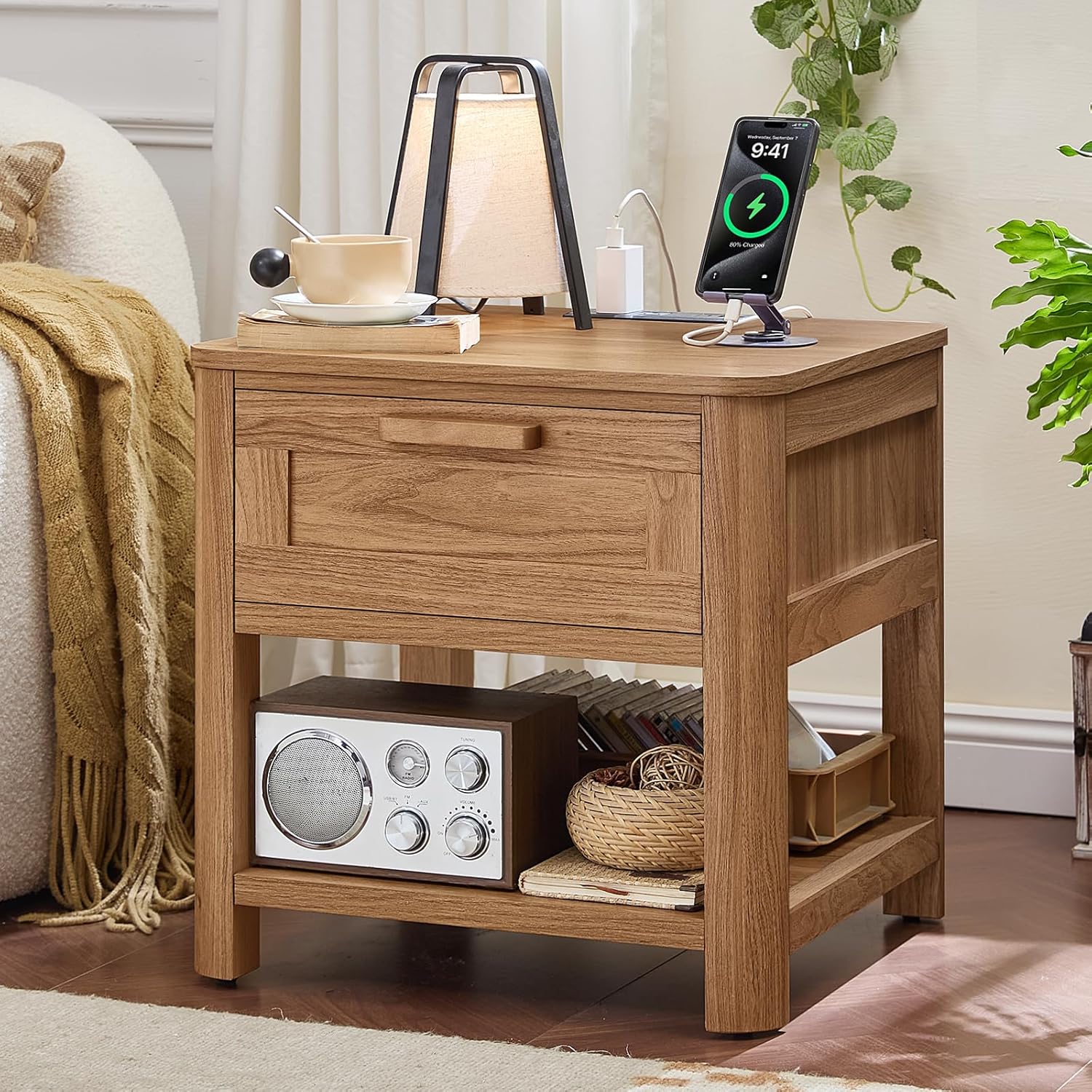 Farmhouse End Table with Charging Station,19.7" Nightstand with Drawer,Walnut Night Stand with Open Storage Shelf,Rustic Wood Bed Sofa Side Table Dresser for Bedroom, Living Room, Closet