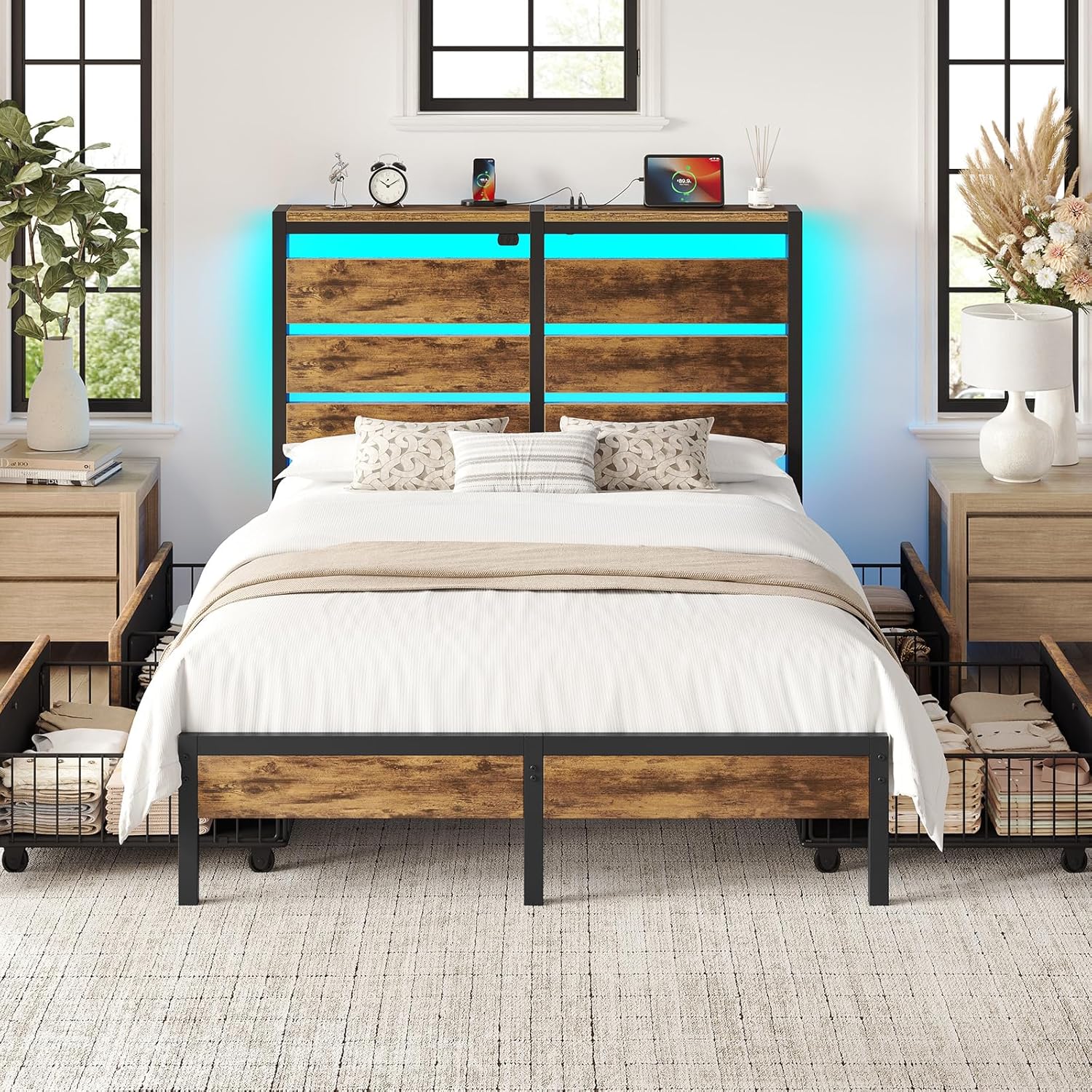Rolanstar Bed Frame Twin Size with USB Charging Station, LED Bed Frame with Wood Storage Headboard, Black Metal Platform Bed with Under Bed Storage, No Box Spring Needed, Noise Free