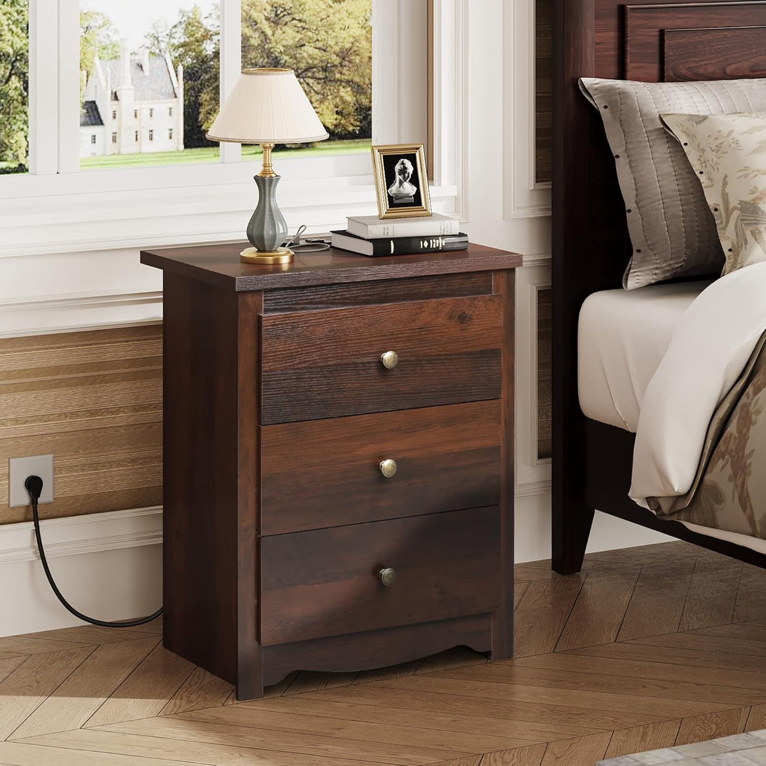 WLIVE Tall Nightstand with Charging Station, Wood Night Stand with 3 Drawers Storage, Bedside Table End Side Tables with 2 USB Ports and Outlets for Bedroom, Closet, Espresso