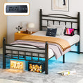Twin Bed Frames with Headboard, LED Bed Frame with Charging Station, Metal Platform, Under-Bed Storage, No Box Spring Needed, Noise Free, Easy Assembly, Black