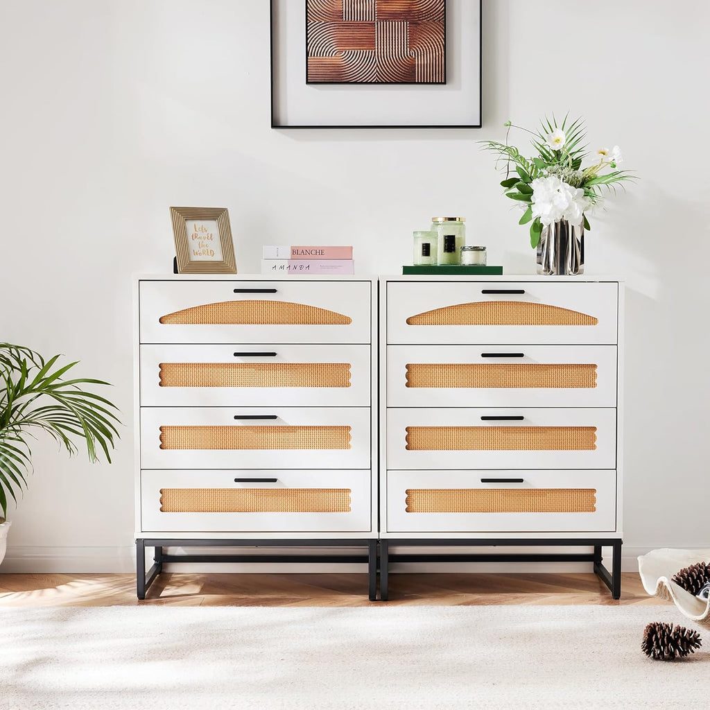 Mericonia 4 Drawer Rattan Dresser for Bedroom, Wood Tall Dresser for Closet with Metal Handles, Boho Nightstand Sets, Dressers & Chests of Drawers for Bedroom, Hallway and Entryway, White