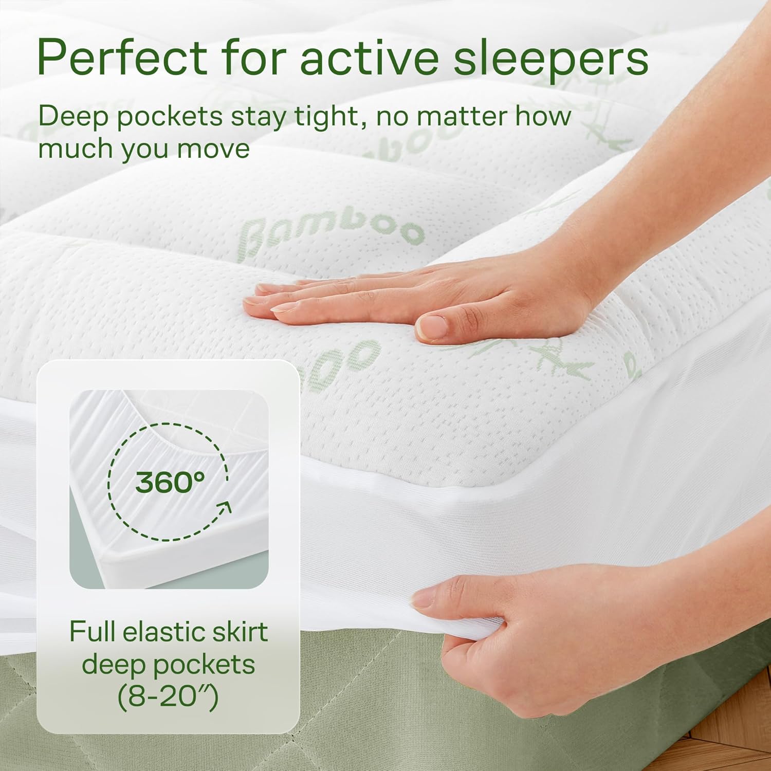 Ultra Soft Full Size Mattress Topper - Viscose Made from Bamboo Pillow Top Mattress Pad for Back Pain Relief - Naturally Cooling for Hot Sleepers, Green