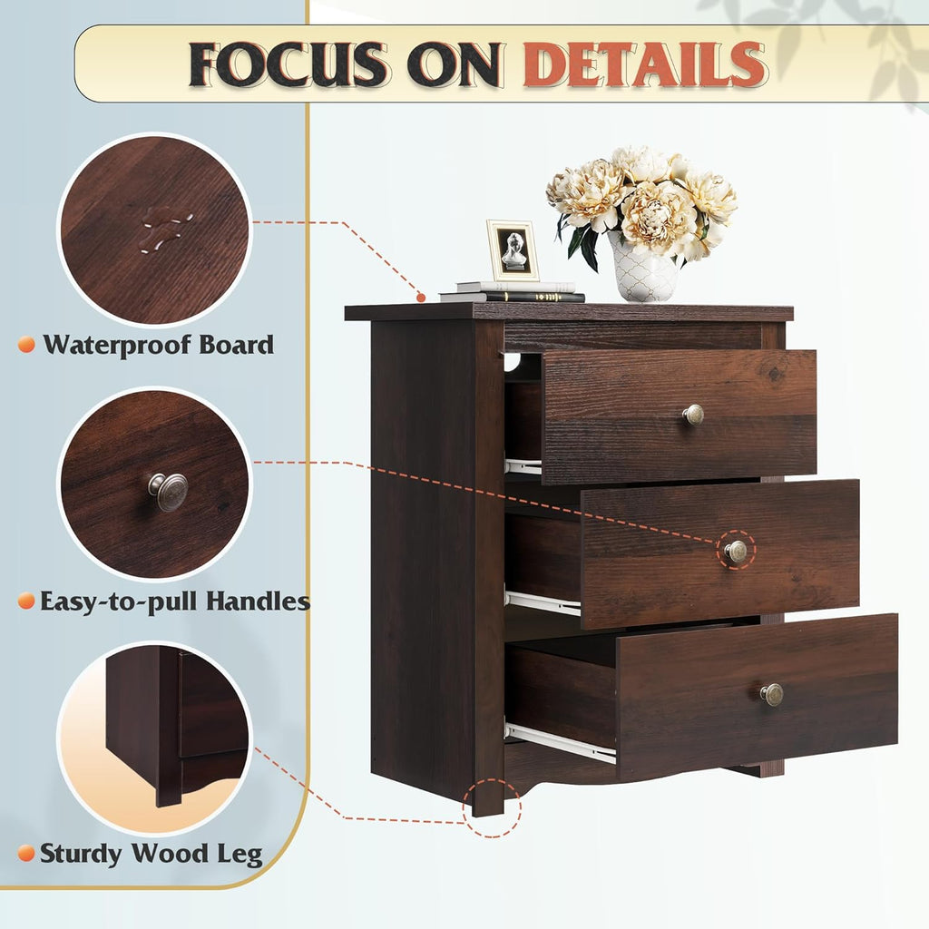 WLIVE Tall Nightstand with Charging Station, Wood Night Stand with 3 Drawers Storage, Bedside Table End Side Tables with 2 USB Ports and Outlets for Bedroom, Closet, Espresso