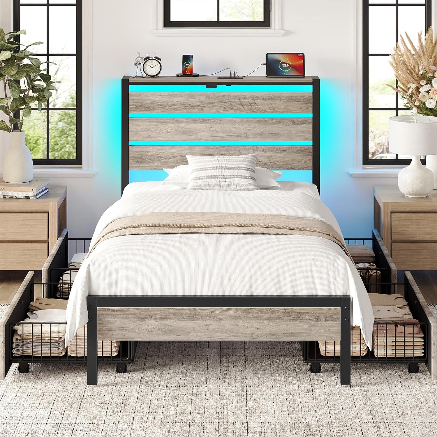 Rolanstar Bed Frame Twin Size with USB Charging Station, LED Bed Frame with Wood Storage Headboard, Black Metal Platform Bed with Under Bed Storage, No Box Spring Needed, Noise Free
