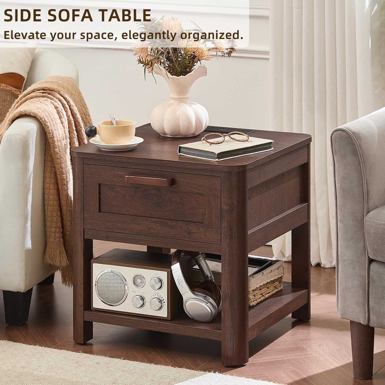 Farmhouse End Table with Charging Station,19.7" Nightstand with Drawer,Walnut Night Stand with Open Storage Shelf,Rustic Wood Bed Sofa Side Table Dresser for Bedroom, Living Room, Closet