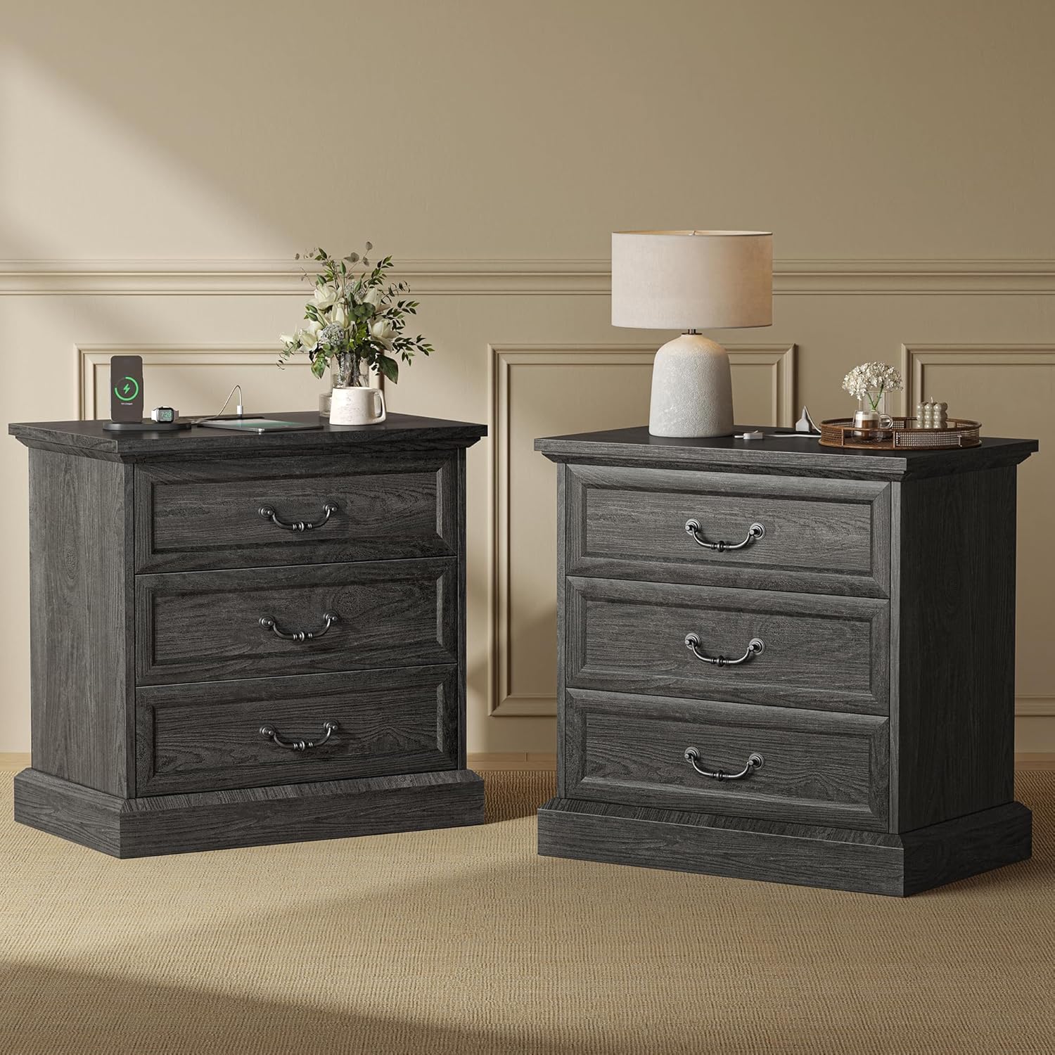 Huuger Nightstand with Charging Station, 3 Drawer Night Stand Set of 2, 22 Inch Wider Side Table with Storage, Farmhouse Nightstand with Vintage Handles, Thicken Base, for Bedroom, Distressed White