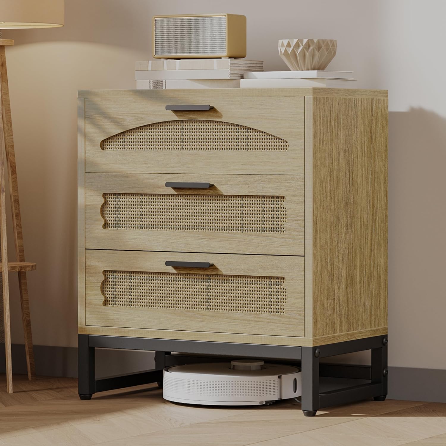 Mericonia 4 Drawer Rattan Dresser for Bedroom, Wood Tall Dresser for Closet with Metal Handles, Boho Nightstand Sets, Dressers & Chests of Drawers for Bedroom, Hallway and Entryway, White