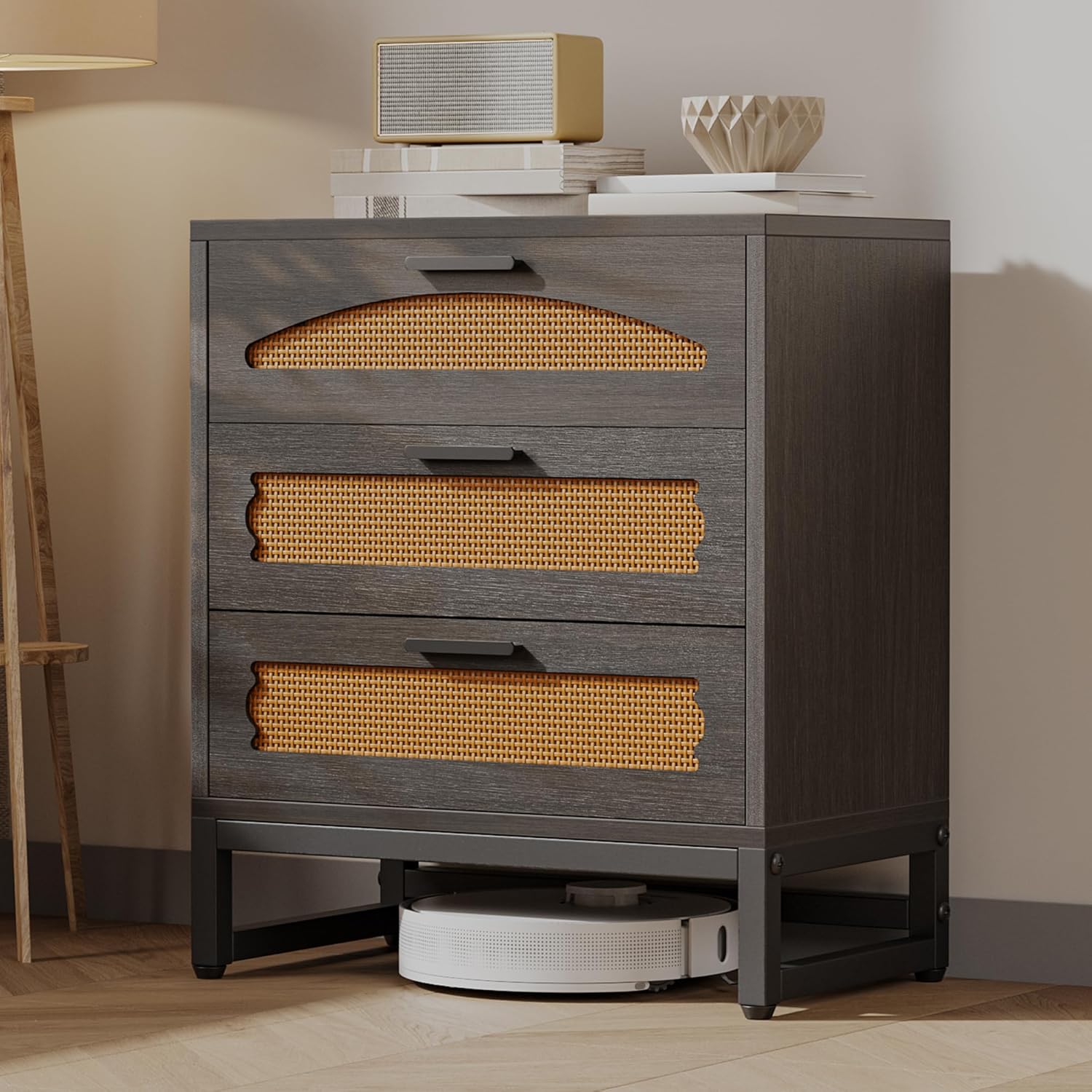 Mericonia 4 Drawer Rattan Dresser for Bedroom, Wood Tall Dresser for Closet with Metal Handles, Boho Nightstand Sets, Dressers & Chests of Drawers for Bedroom, Hallway and Entryway, White