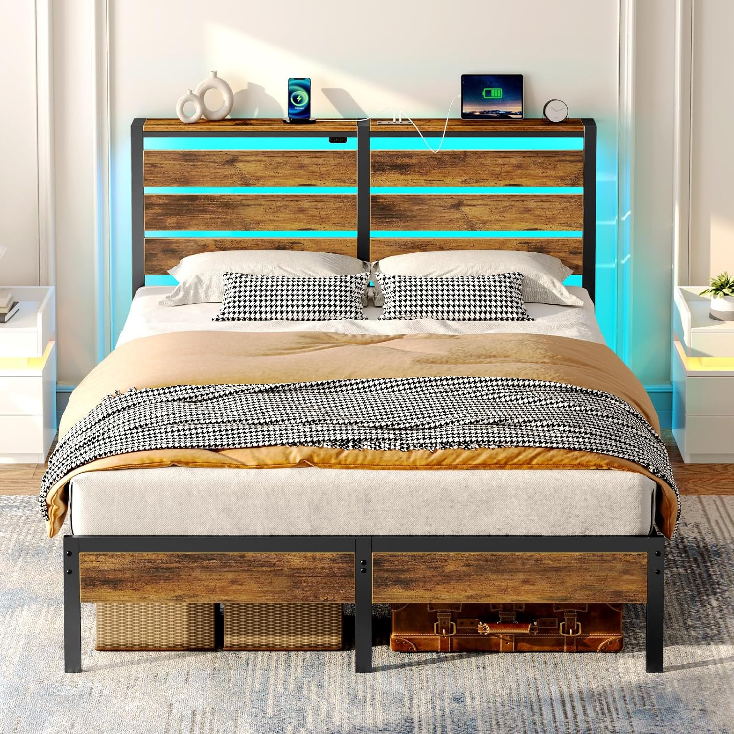 Rolanstar Bed Frame Twin Size with USB Charging Station, LED Bed Frame with Wood Storage Headboard, Black Metal Platform Bed with Under Bed Storage, No Box Spring Needed, Noise Free