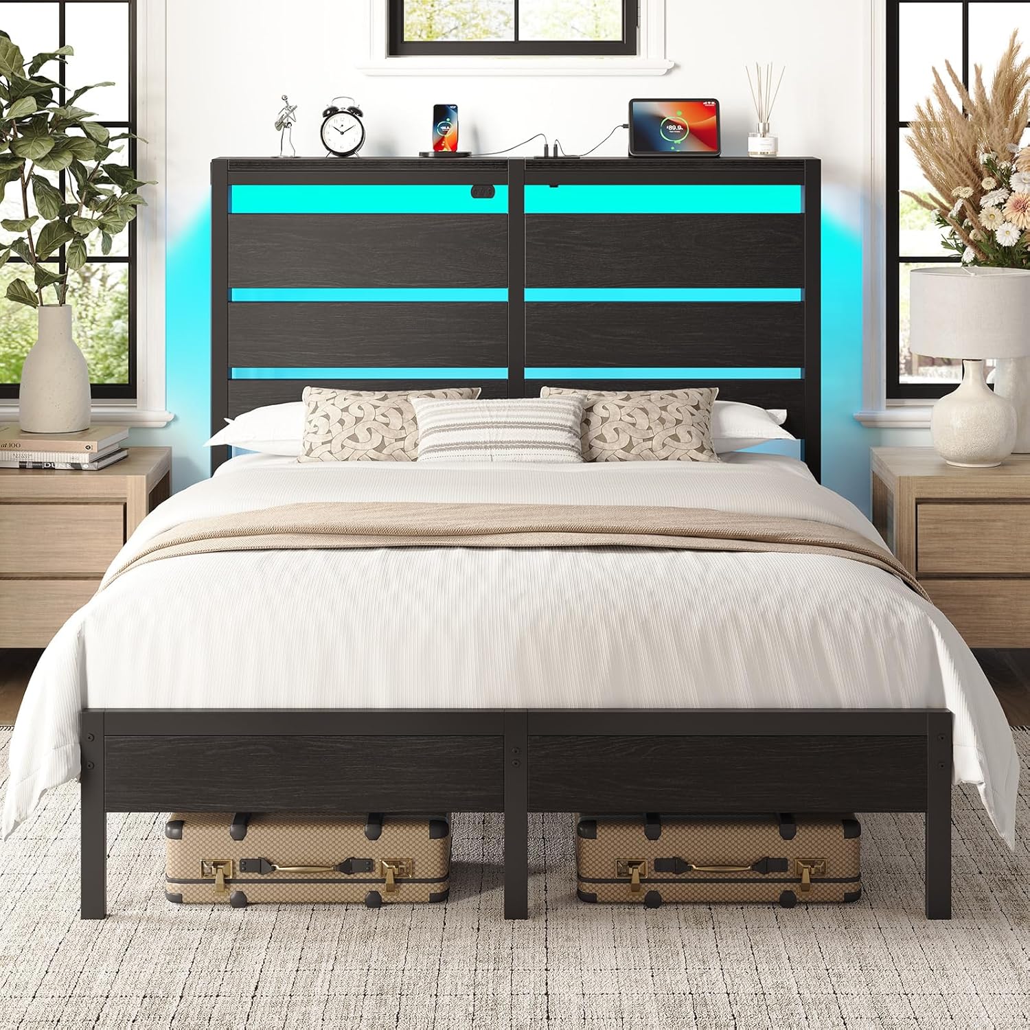 Rolanstar Bed Frame Twin Size with USB Charging Station, LED Bed Frame with Wood Storage Headboard, Black Metal Platform Bed with Under Bed Storage, No Box Spring Needed, Noise Free