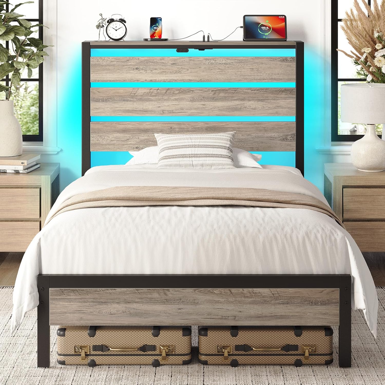 Rolanstar Bed Frame Twin Size with USB Charging Station, LED Bed Frame with Wood Storage Headboard, Black Metal Platform Bed with Under Bed Storage, No Box Spring Needed, Noise Free