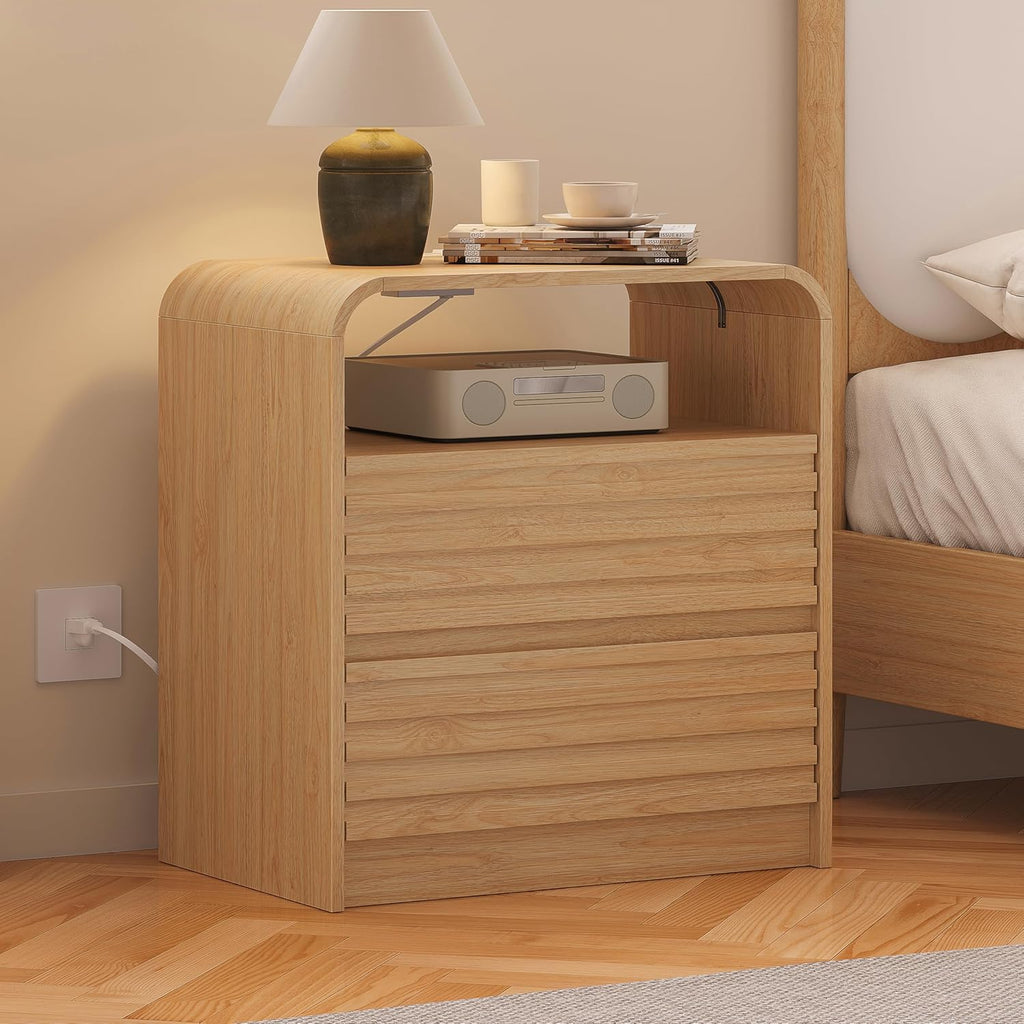 Modern Nightstand with Charging Station, 23.6" Wide Wood Night Stand with 2 Storage Drawers and Curved Edge, Farmhouse Fluted Bedside Table, Bed Side Table, Small End Table for Bedroom, Natural Oak