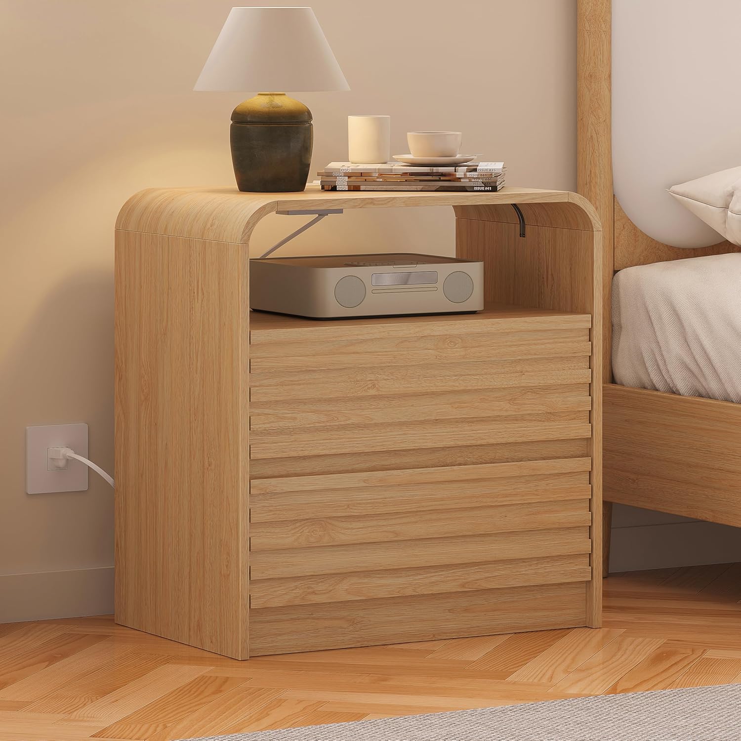 Modern Nightstand with Charging Station, 23.6" Wide Wood Night Stand with 2 Storage Drawers and Curved Edge, Farmhouse Fluted Bedside Table, Bed Side Table, Small End Table for Bedroom, Natural Oak