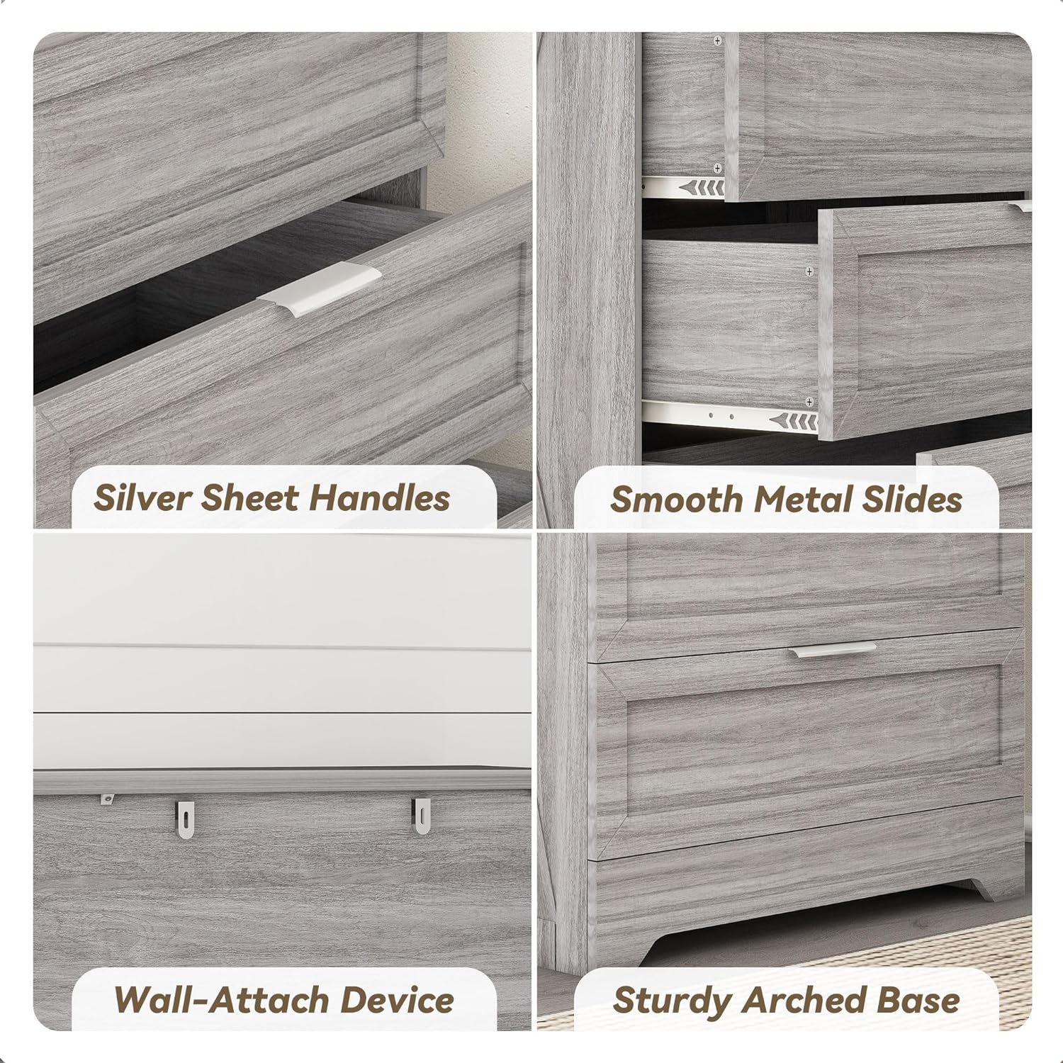 Farmhouse 4 Drawer Dresser for Bedroom, Tall Bedroom Dresser with Large Drawer & Silver Handles, Wooden Storage Organizer Cabinet Chest of Drawer for Closet, Living Room, Hallway, Wash Grey